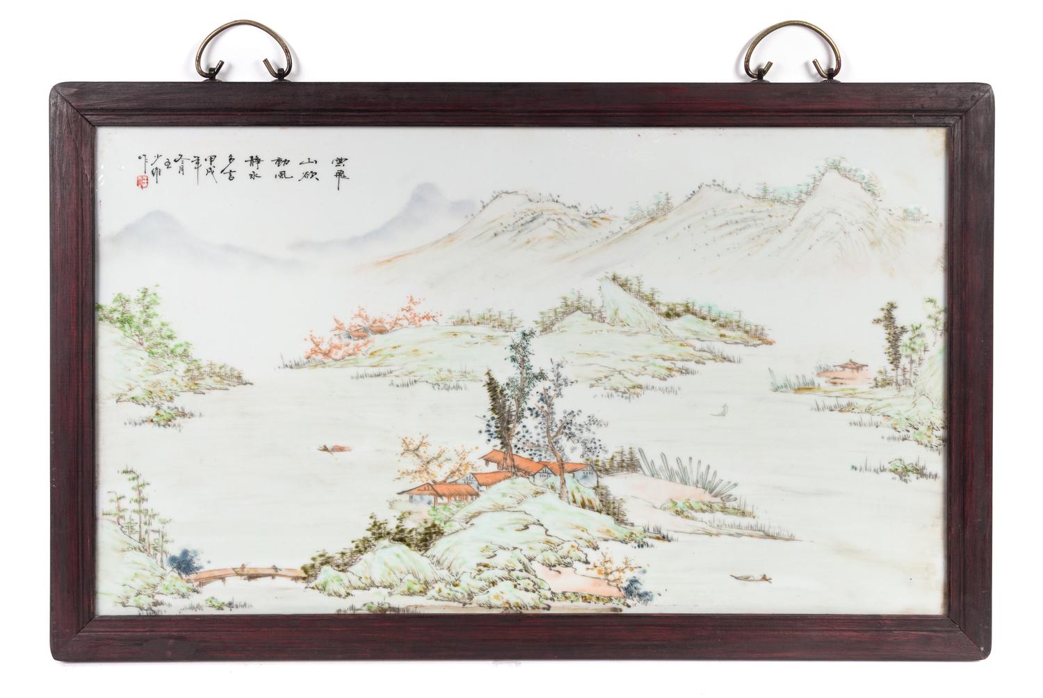 A Set of Four Chinese Porcelain Plaques Height 16 1/2 x width 29 inches.