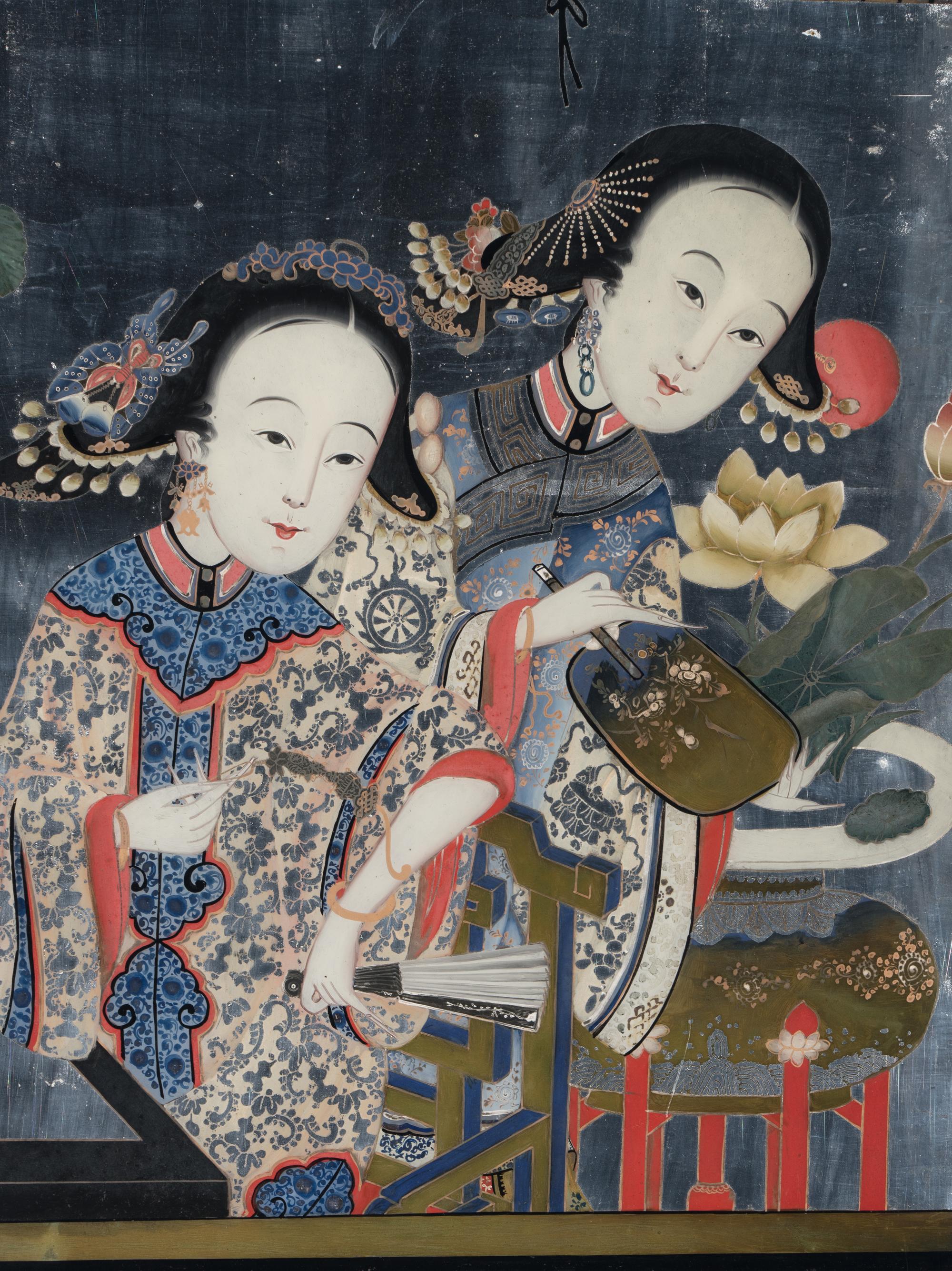 A Pair of Chinese Reverse Painted Mirror Panels