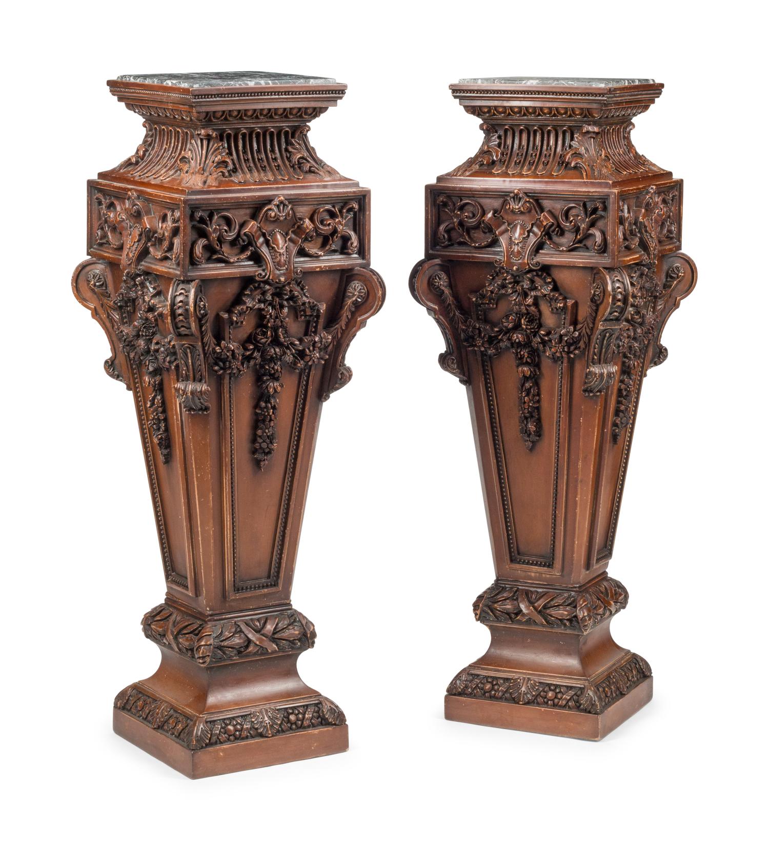 A Pair of Italian Baroque Style Carved Wood Marble-Top Pedestals