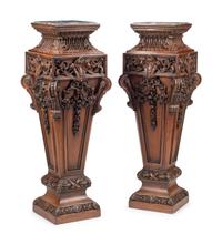 A Pair of Italian Baroque Style Carved Wood Marble-Top Pedestals