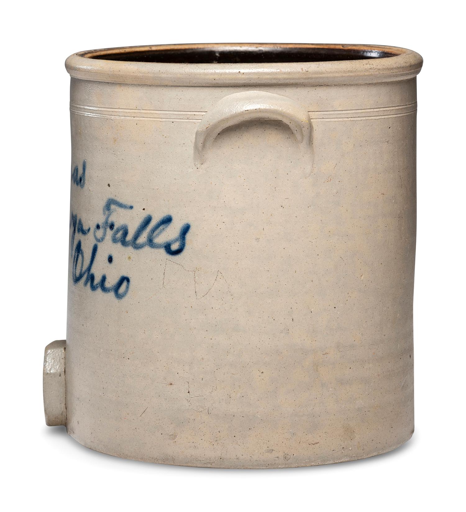An R.J. Thomas Five-Gallon Script Stoneware Dispenser with Spigot