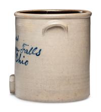 An R.J. Thomas Five-Gallon Script Stoneware Dispenser with Spigot