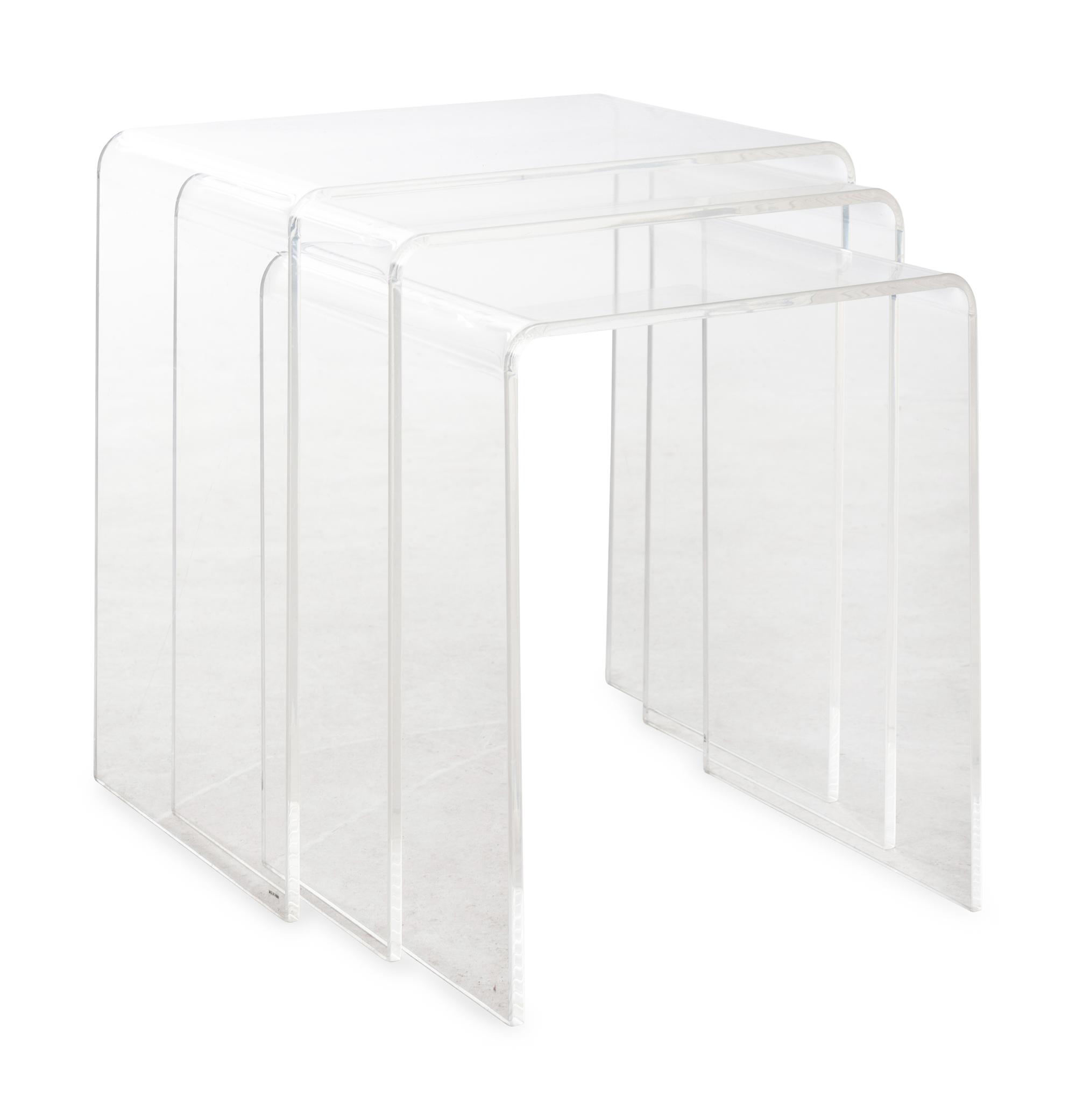 A Set of Three Contemporary Acrylic Nesting Tables and a Pair of Similar Side Chairs