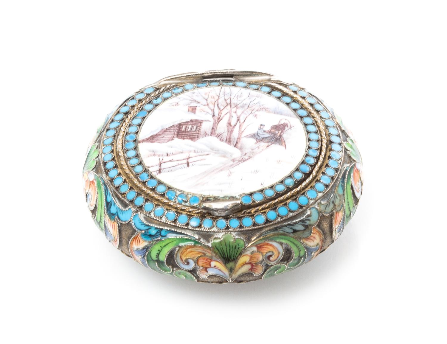 A Russian Silver, Enamel and Porcelain Snuff Box, Maker's mark obscured, kokoshnik mark of Ivan Lebedkin, Moscow, of circular form, the