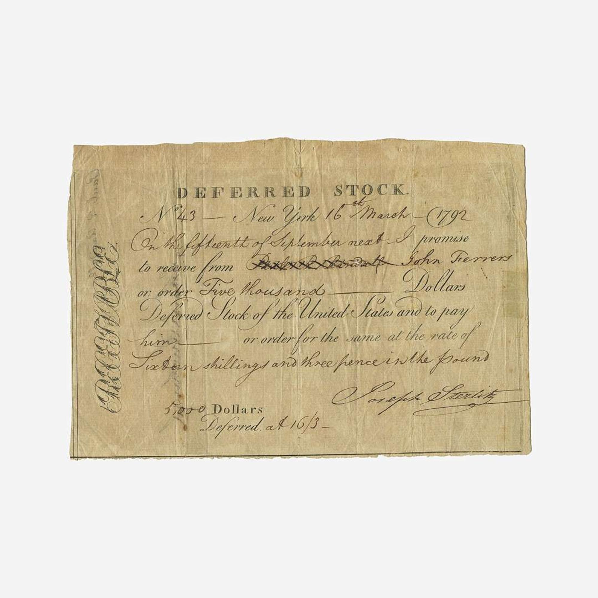 [Hamilton, Alexander] [Panic of 1792] Deferred Stock Certificate of the United States