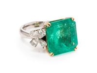 A Platinum, 18 Karat Yellow Gold, Emerald and Diamond Ring,
