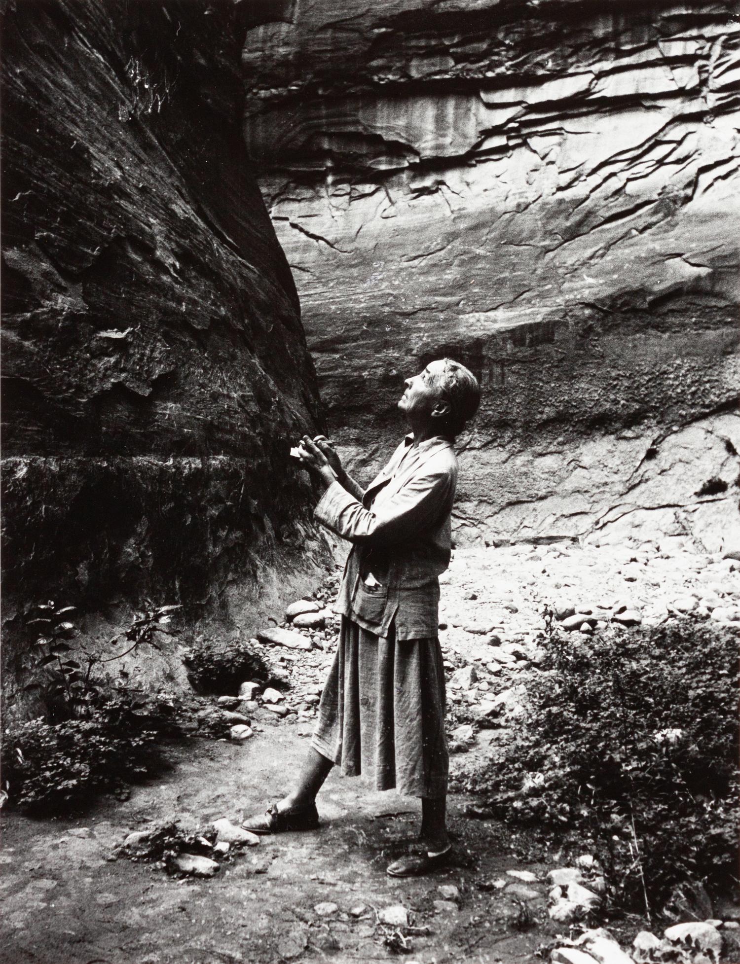 A group of four photographs ( Untitled (exterior wall) , 1960 (printed 1984); Georgia O'Keeffe in Twilight Canyon , 1964 (printed 1984); Untitled (Post Office, Abiquiu, NM), 1960 (printed 1984); O'Keeffe Sketching in Glen Canyon , 1961 (printed 1985)