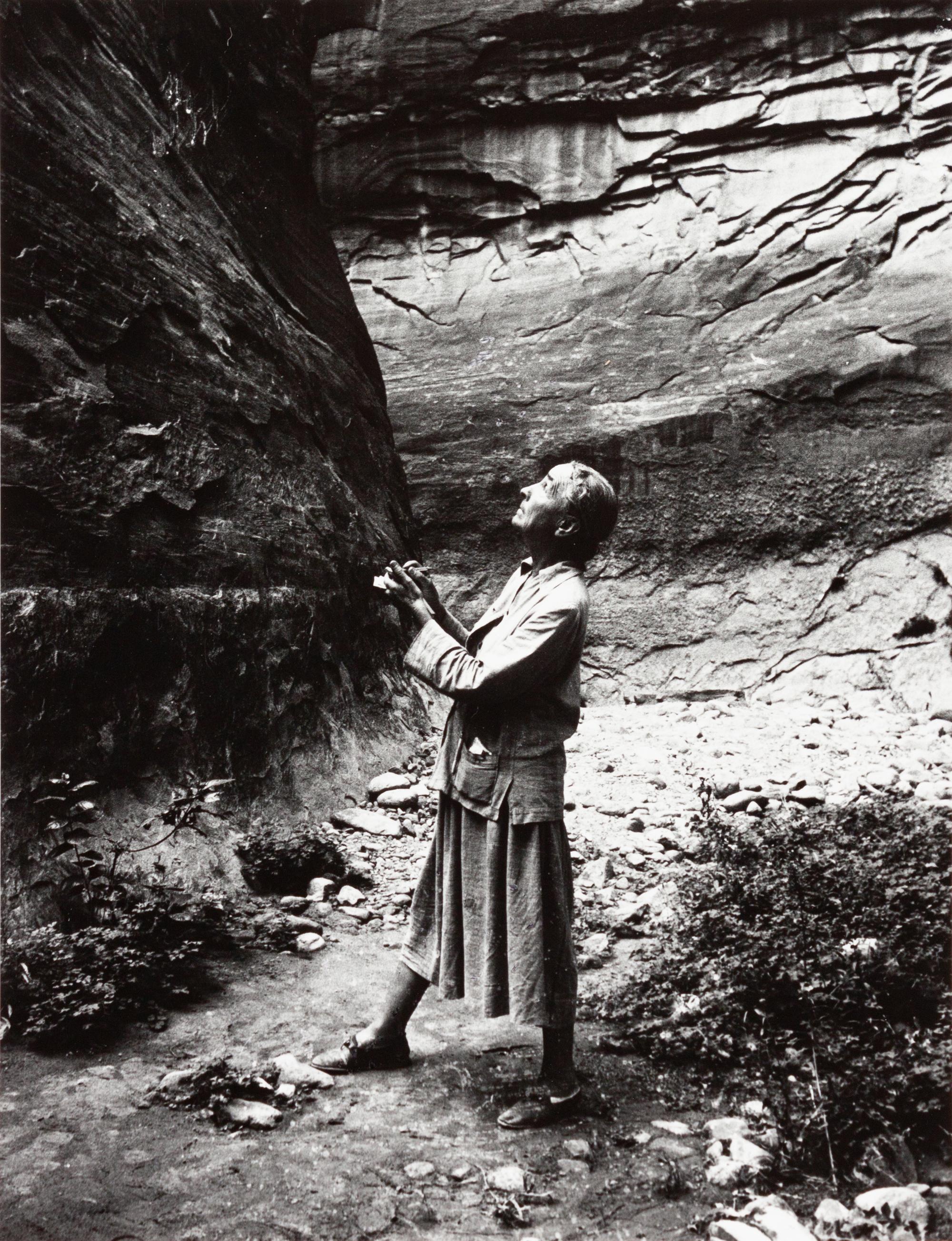 A group of four photographs ( Untitled (exterior wall) , 1960 (printed 1984); Georgia O'Keeffe in Twilight Canyon , 1964 (printed 1984); Untitled (Post Office, Abiquiu, NM), 1960 (printed 1984); O'Keeffe Sketching in Glen Canyon , 1961 (printed 1985)