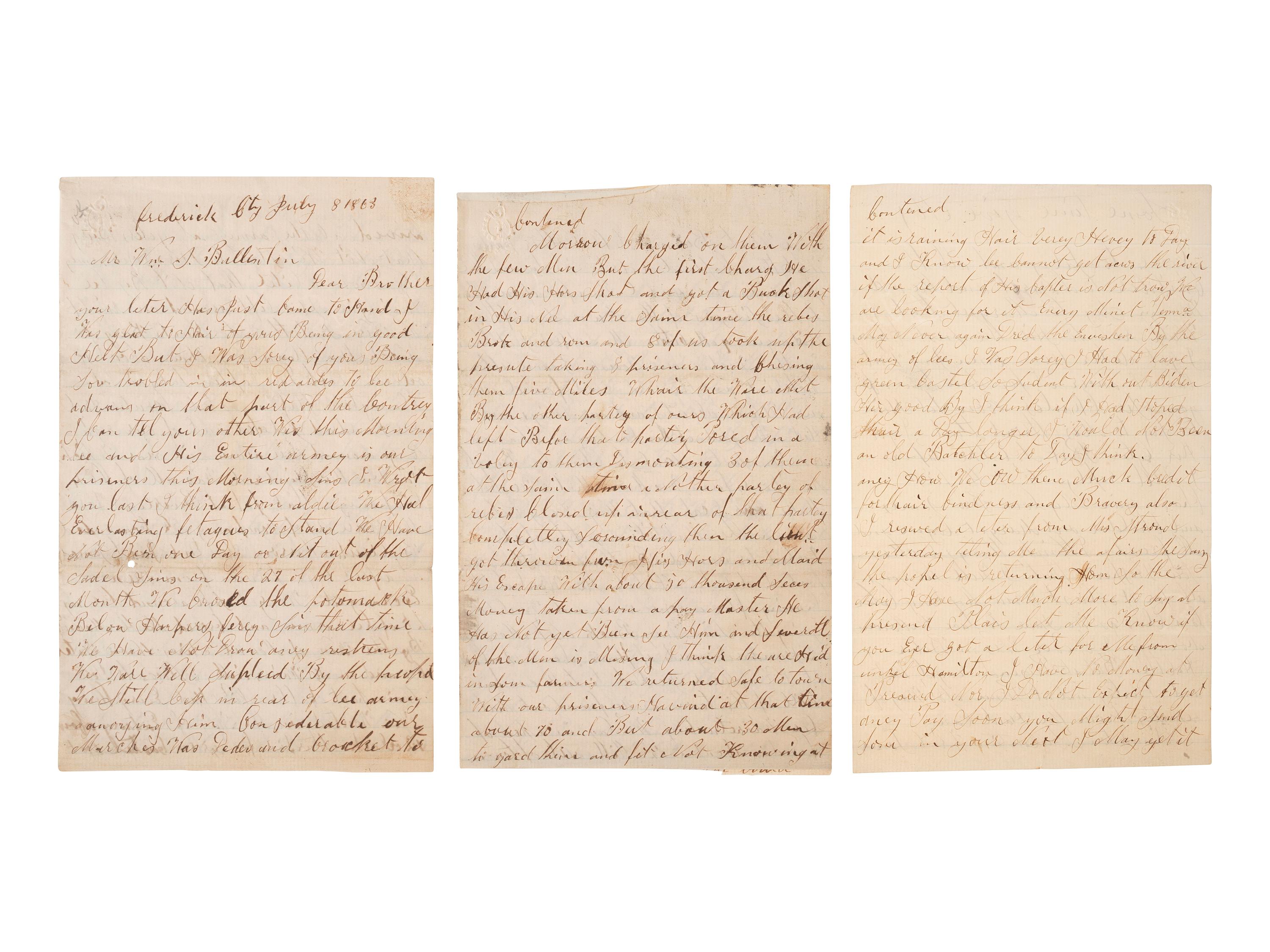 [CIVIL WAR]. Manuscript archive of Sergeant Hamilton Ballentine (1833-1920), Co. K, 6th Pennsylvania Cavalry, "Rush's Lancers," featuring battle content from key engagements and descriptions of "Sheridan's Raiders."