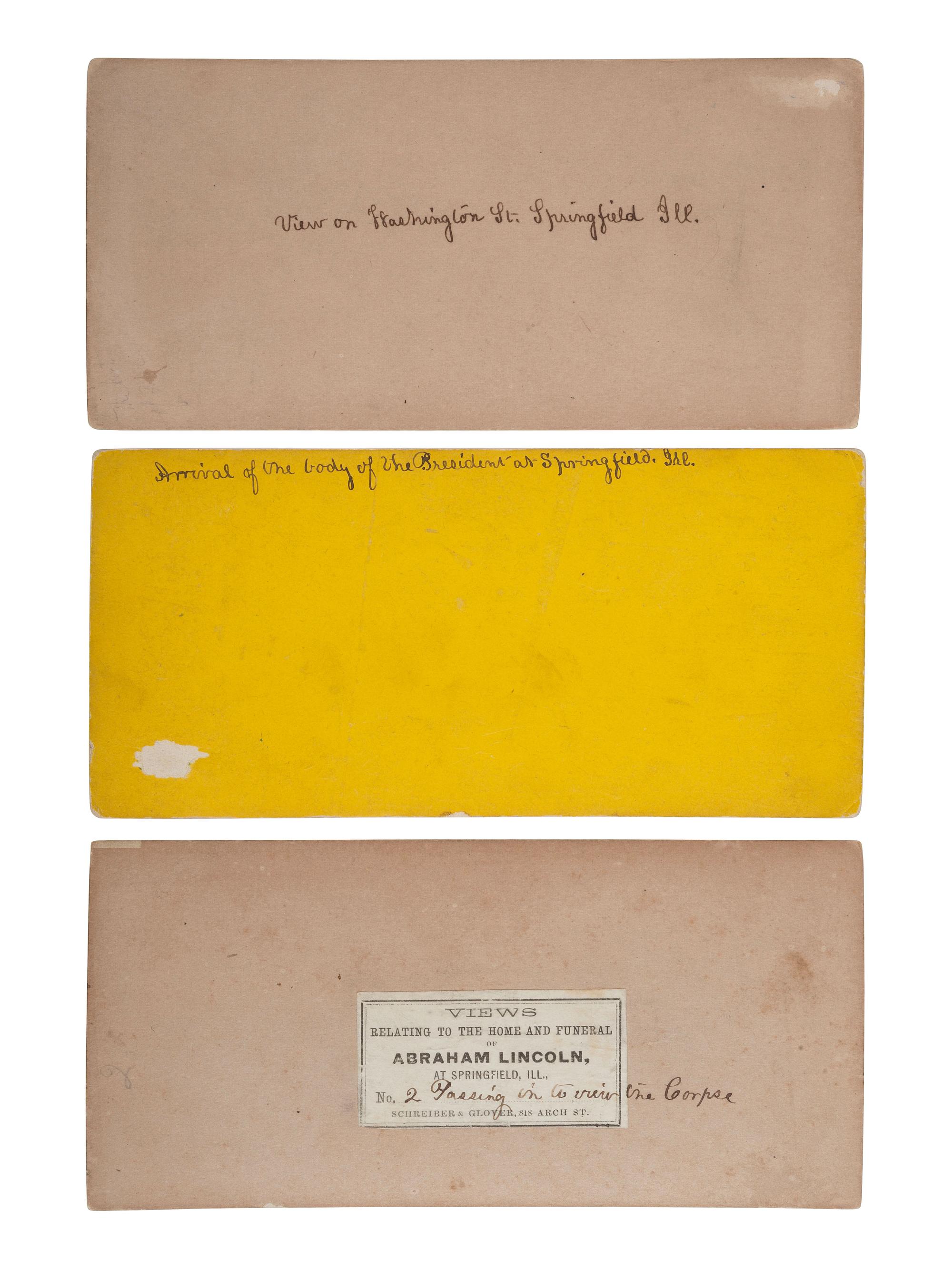 [LINCOLN, Abraham (1809-1865)]. The Lincoln funeral in SPRINGFIELD. 6 stereoviews featuring the procession and buildings draped in mourning.