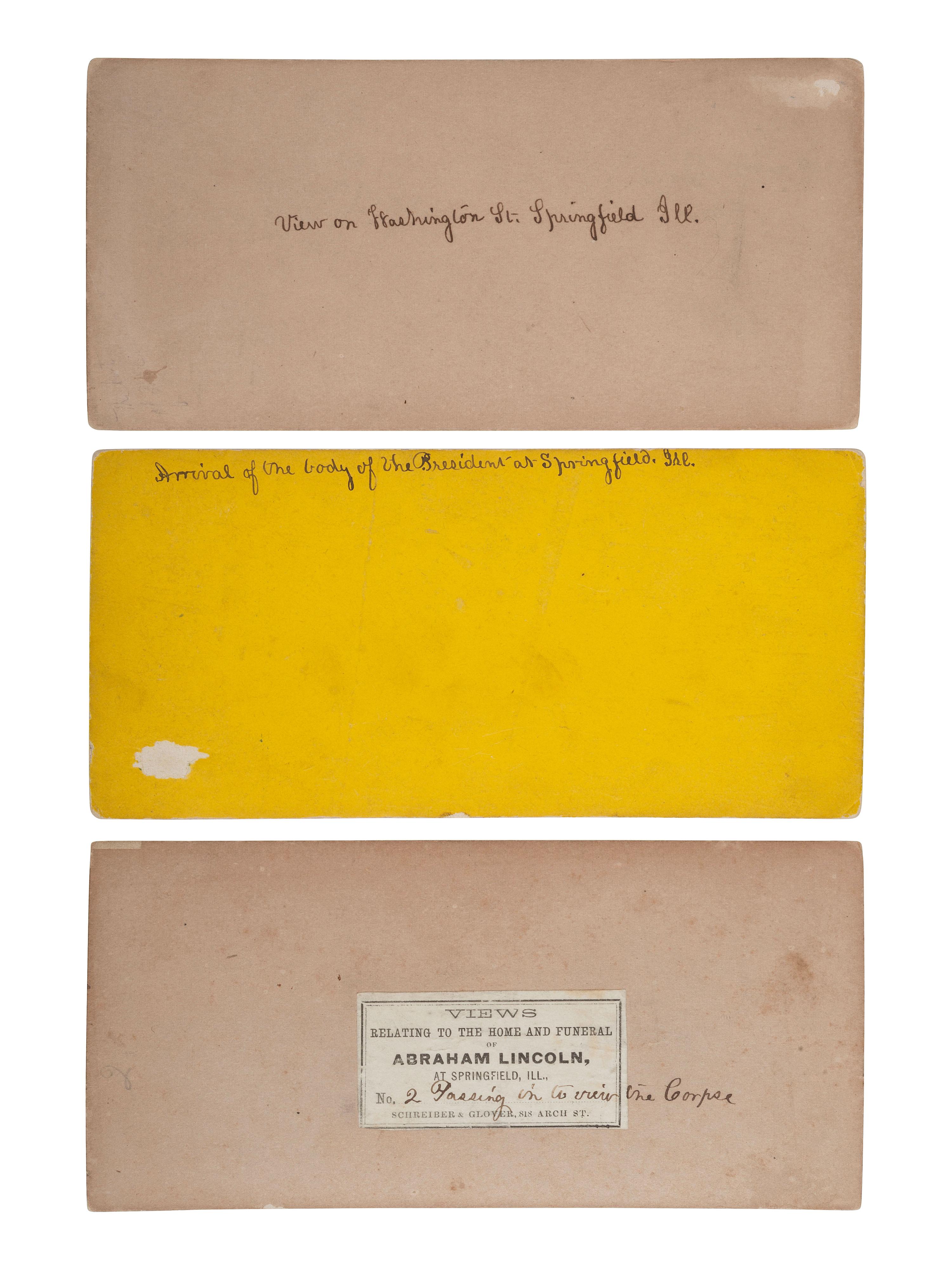 [LINCOLN, Abraham (1809-1865)]. The Lincoln funeral in SPRINGFIELD. 6 stereoviews featuring the procession and buildings draped in mourning.