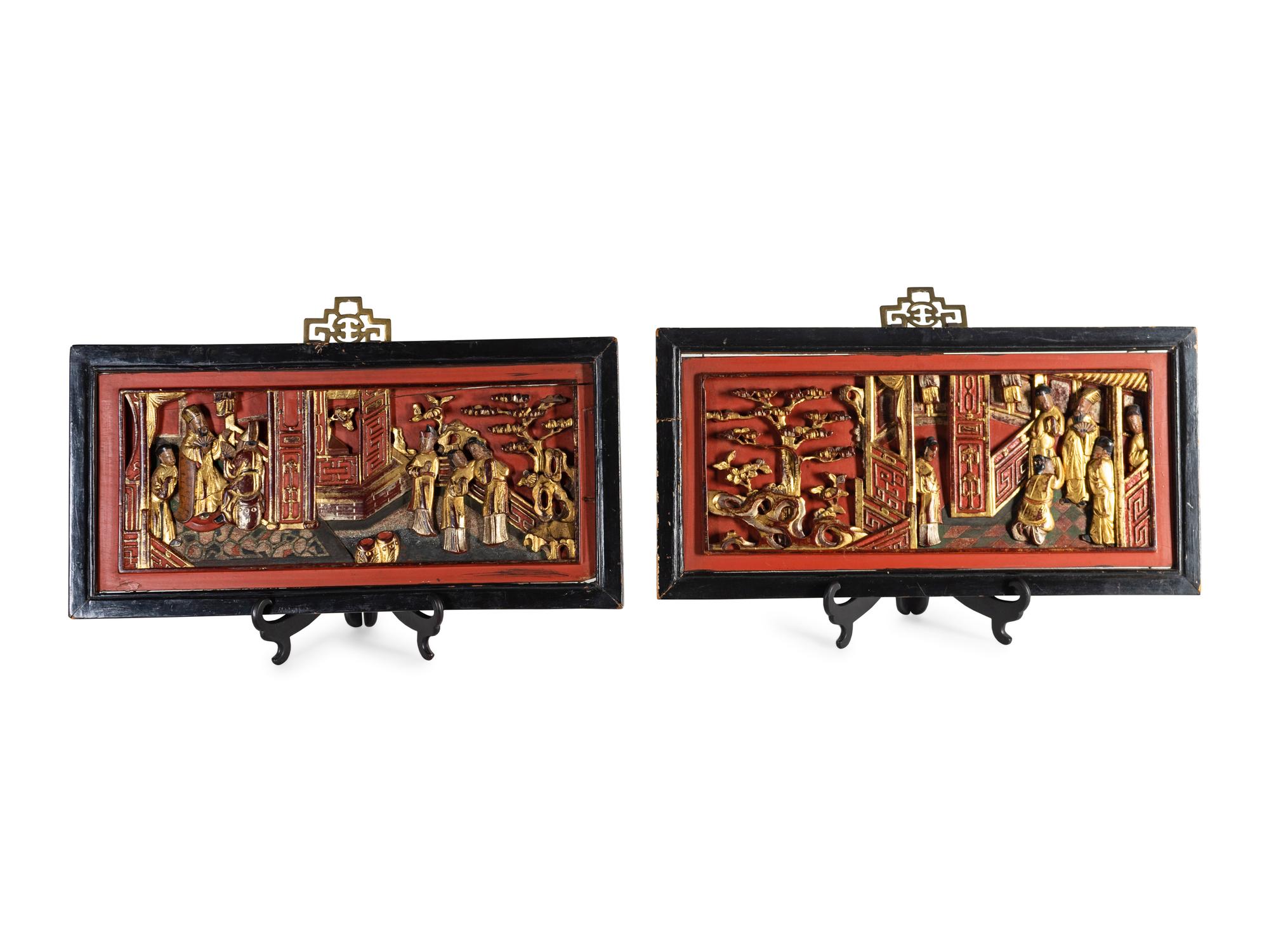 A Pair of Chinese Carved Red and Gilt Lacquer Framed Panels — 19TH/20TH CENTURY