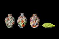 Four Chinese Famille Rose Molded Porcelain Snuff Bottles
