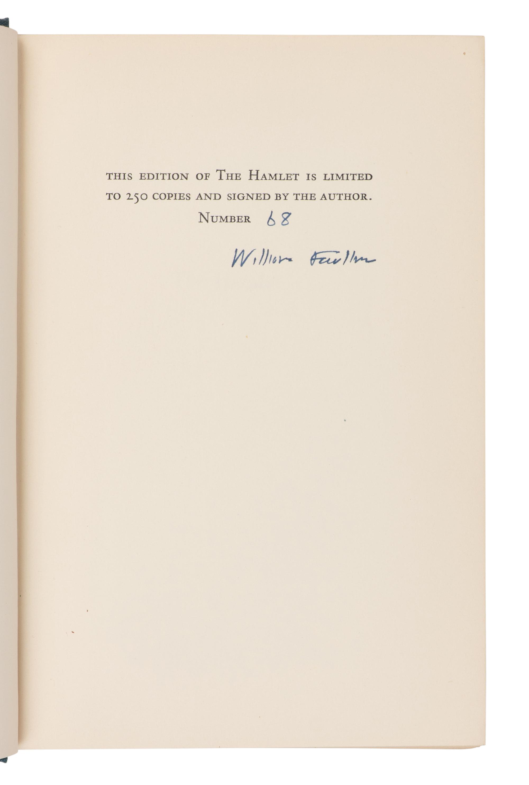 FAULKNER, William (1897-1962). [The Snopes trilogy]. The Hamlet . 1940. -- The Town . 1957. -- The Mansion . 1959. New York: Random House.
