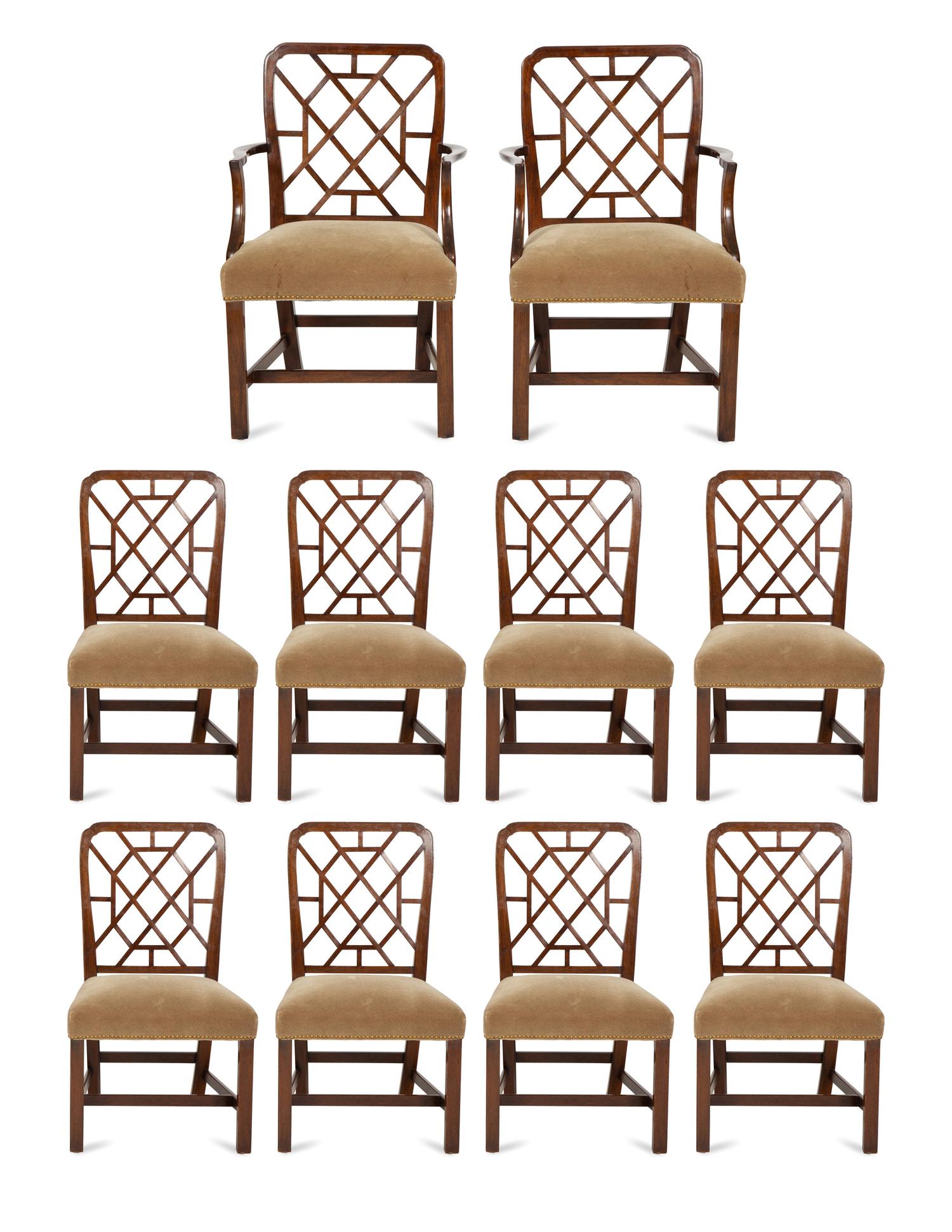 A Set of Ten Chinese Chippendale Style Mahogany Dining Chairs