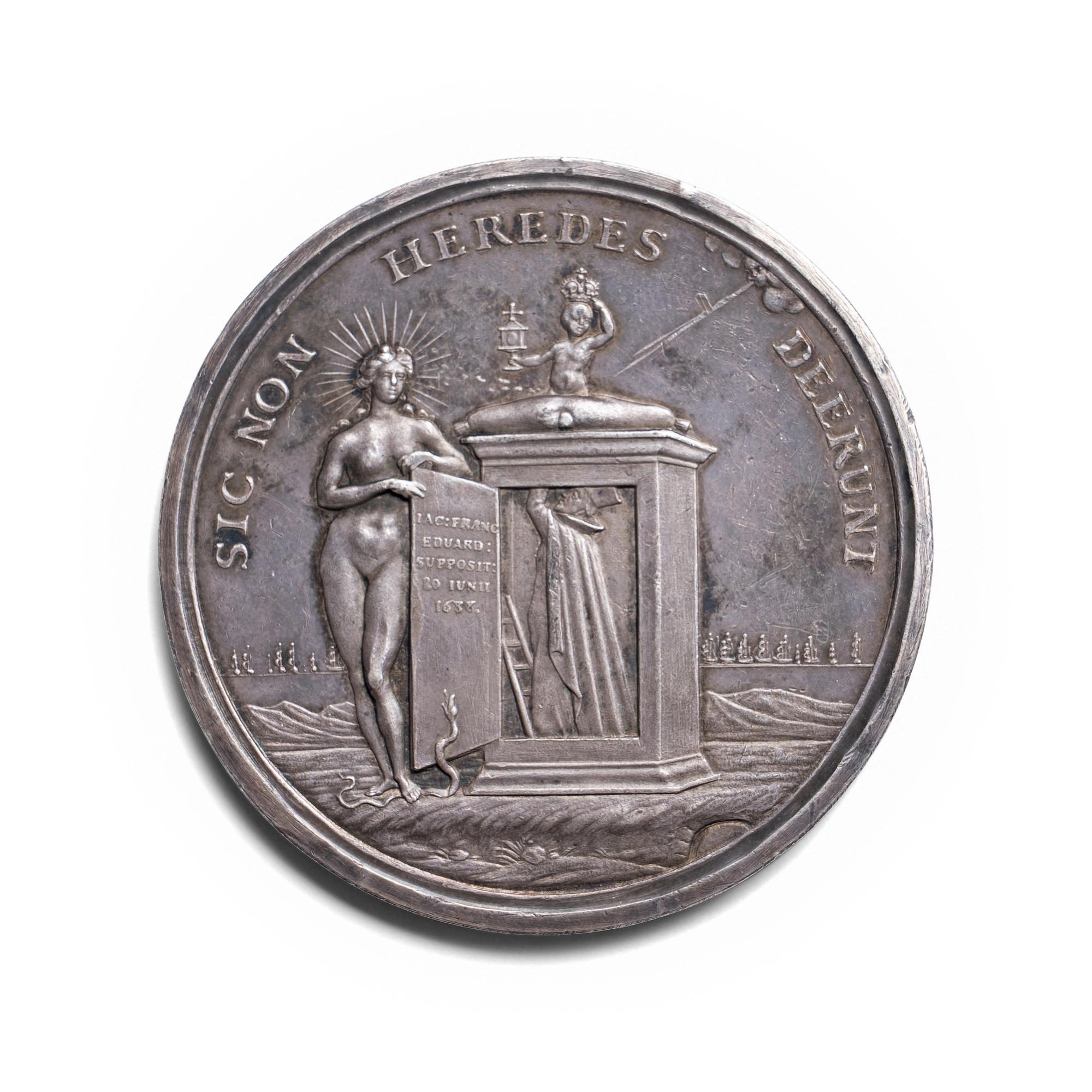 [EXONUMIA] A Silver Medallion by Jan Smeltzing (1656-1693) Satirizing the Birth of Prince James Francis Edward Stewart