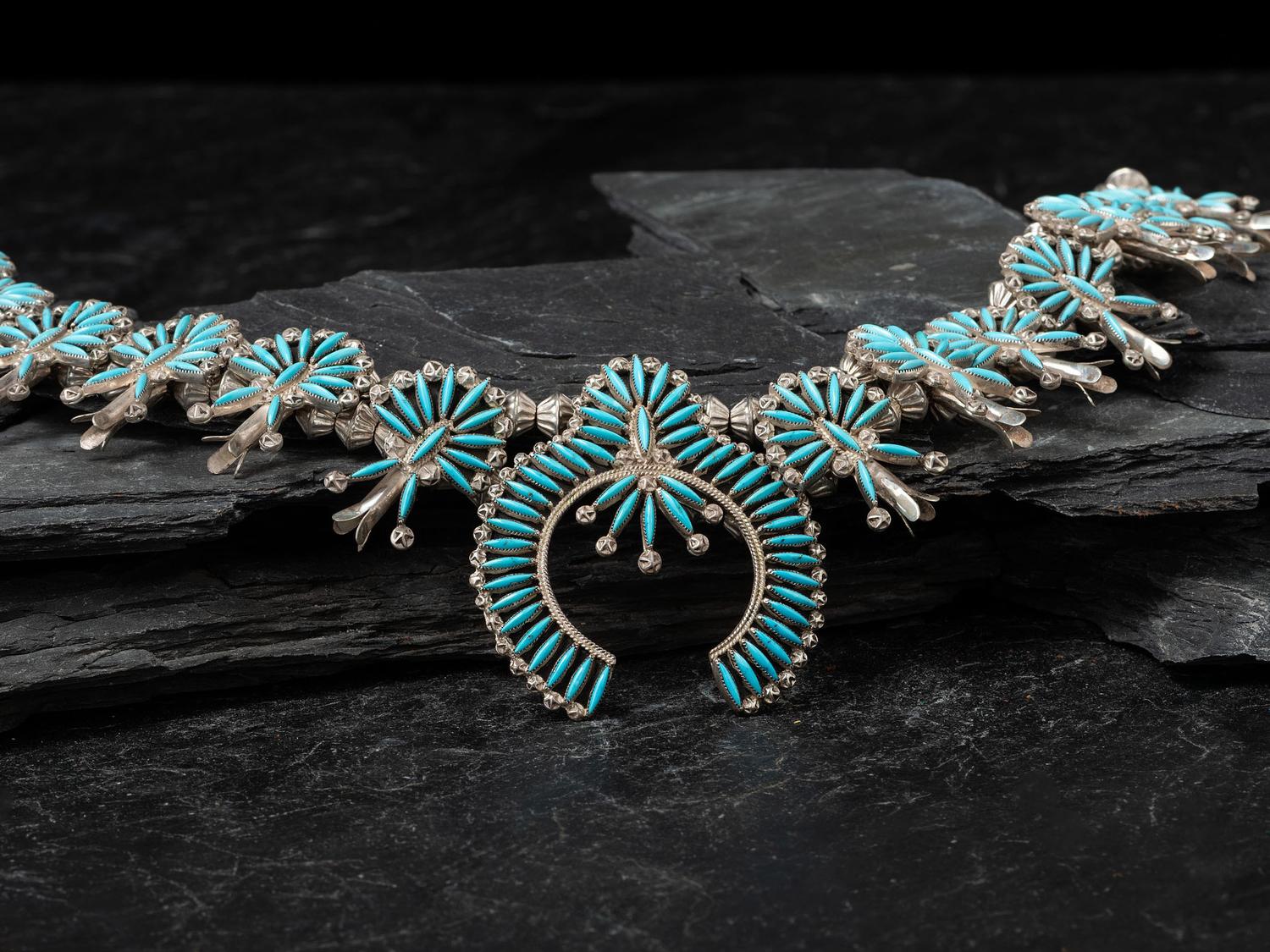 Silver and Turquoise Needle Point Squash Blossom Necklace