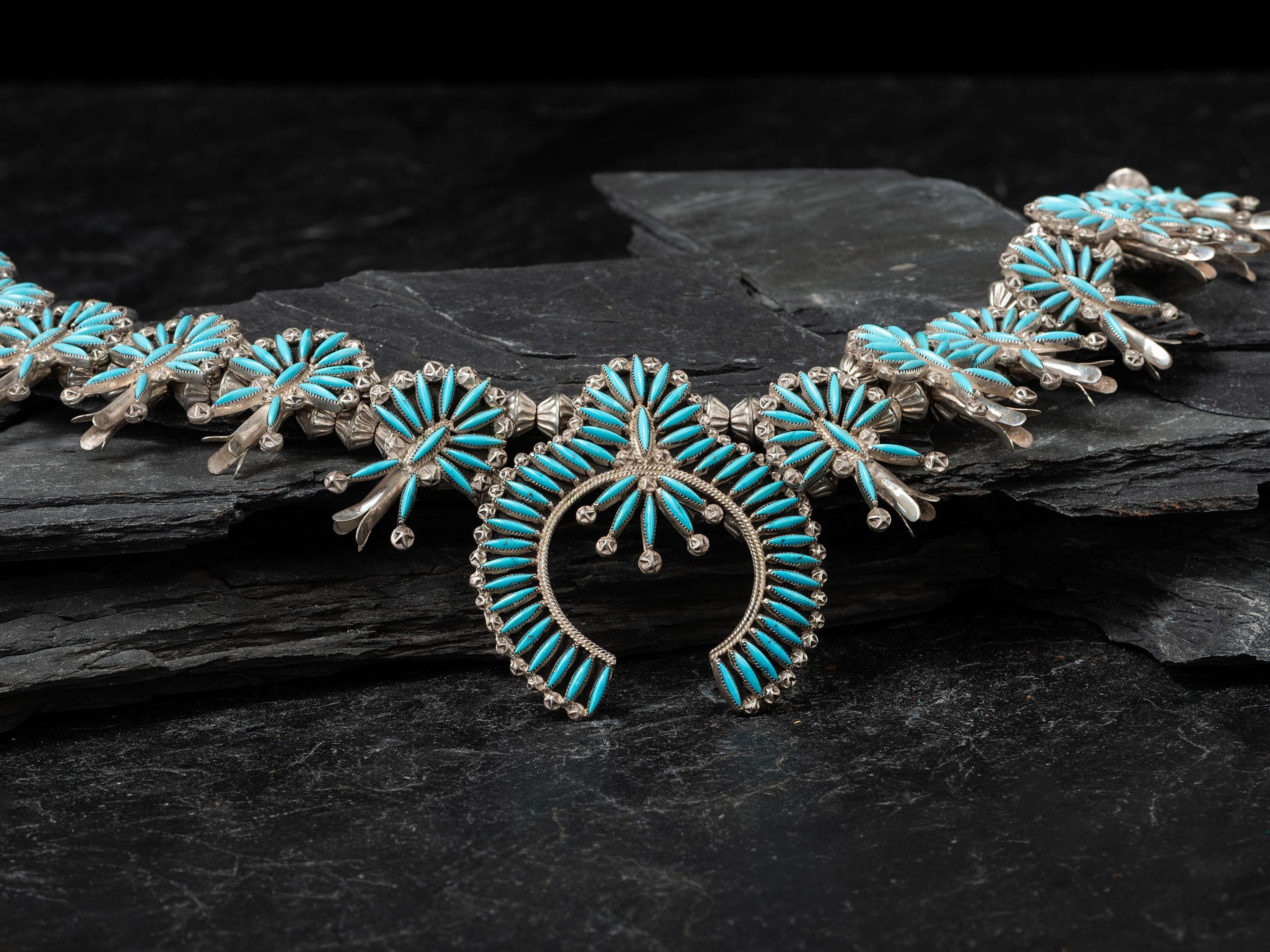 Silver and Turquoise Needle Point Squash Blossom Necklace
