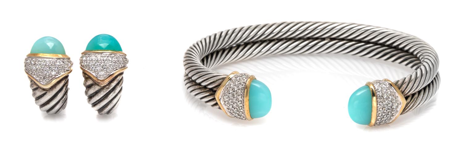 A Sterling Silver, 18 Karat Yellow Gold, Peruvian Opal and Diamond 'Capri' Demi-Parure, David Yurman, 38.70 dwts