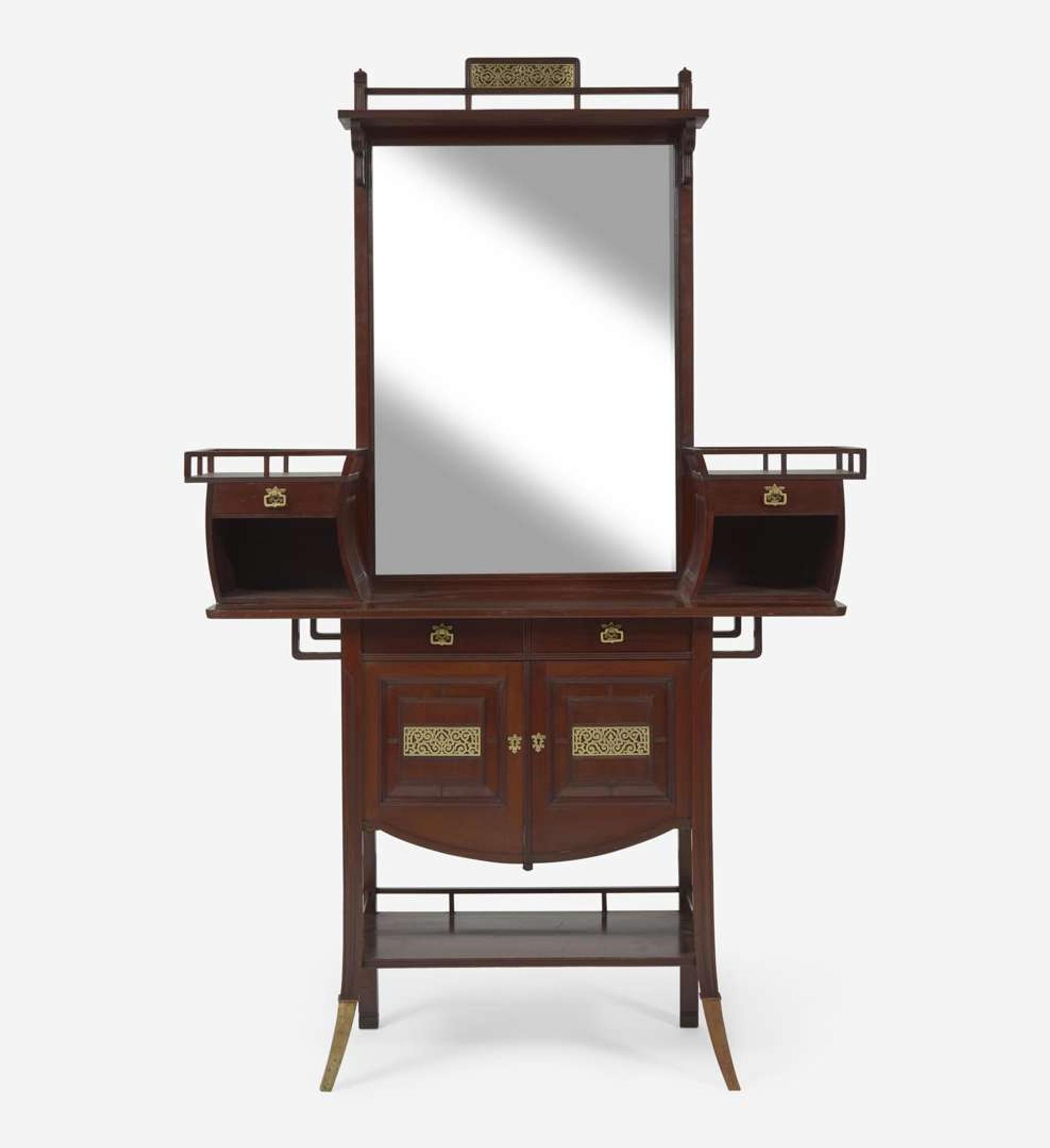 An Aesthetic mahogany "Winged Cabinet" or dressing table After E.W. Godwin (English, 1833-1886), attrib. to A.& H. Lejambre, Philadelphia, PA, circa 1880