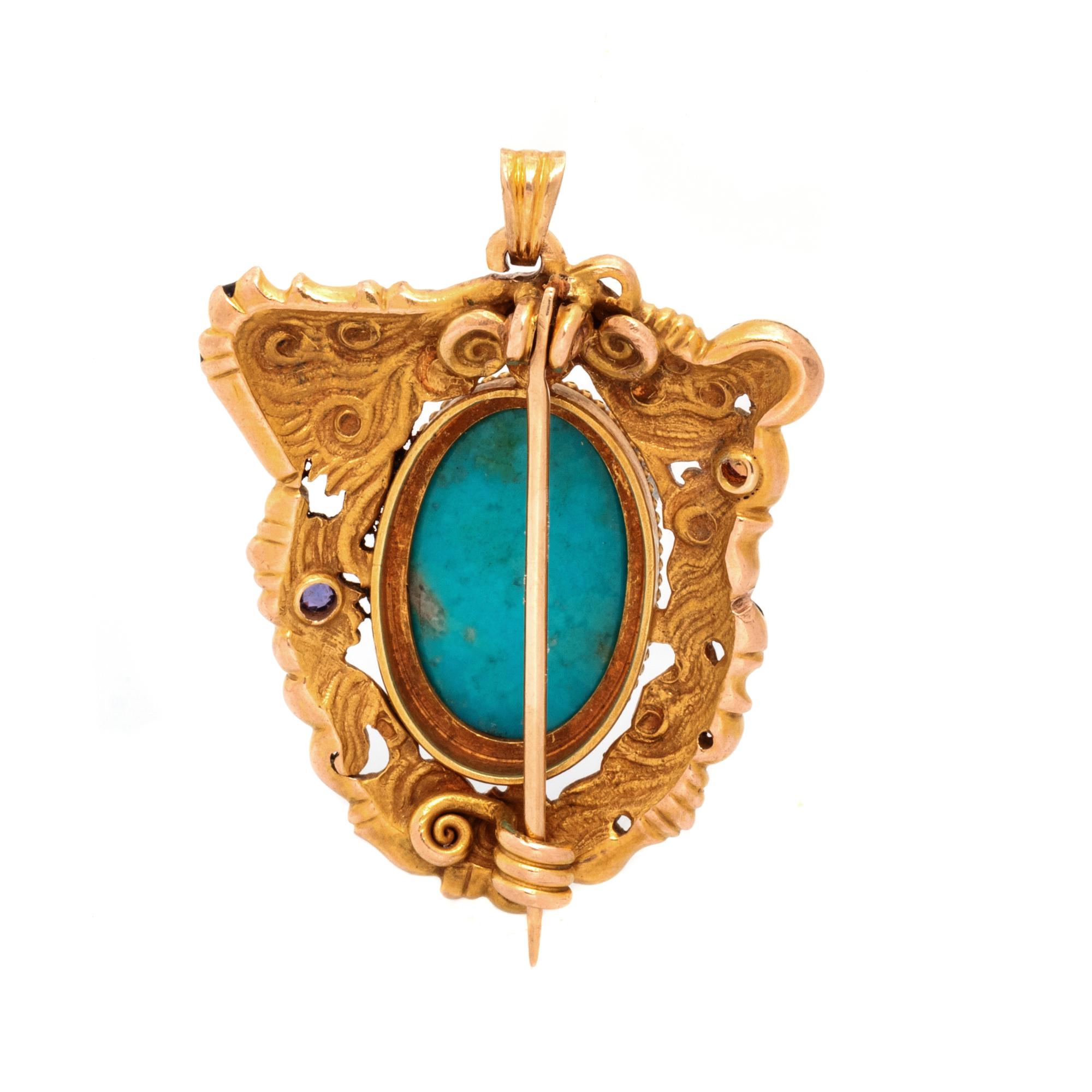ANTIQUE, YELLOW GOLD, TURQUOISE, AND ENAMEL PENDANT/BROOCH