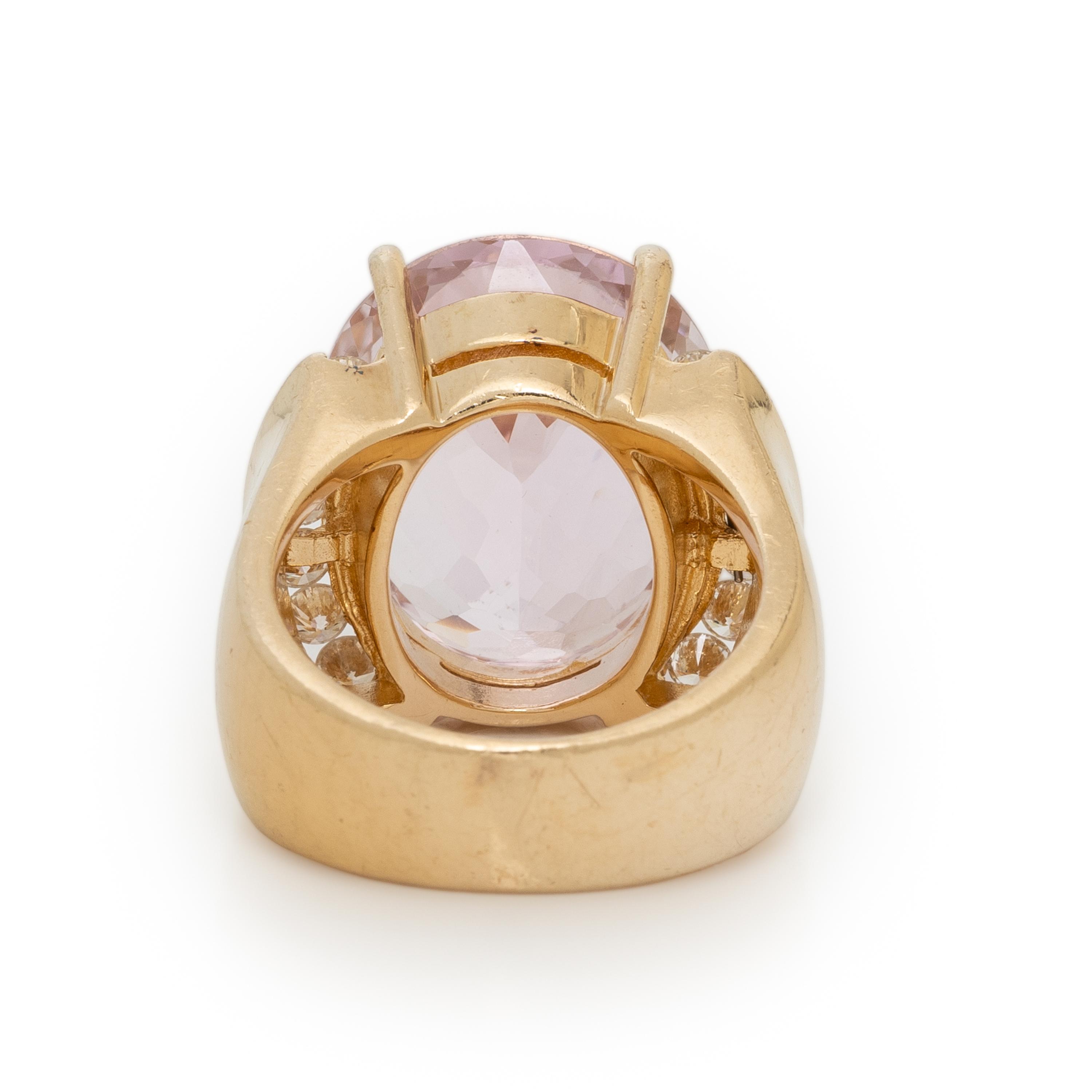 KUNZITE, DIAMOND, AND YELLOW GOLD RING