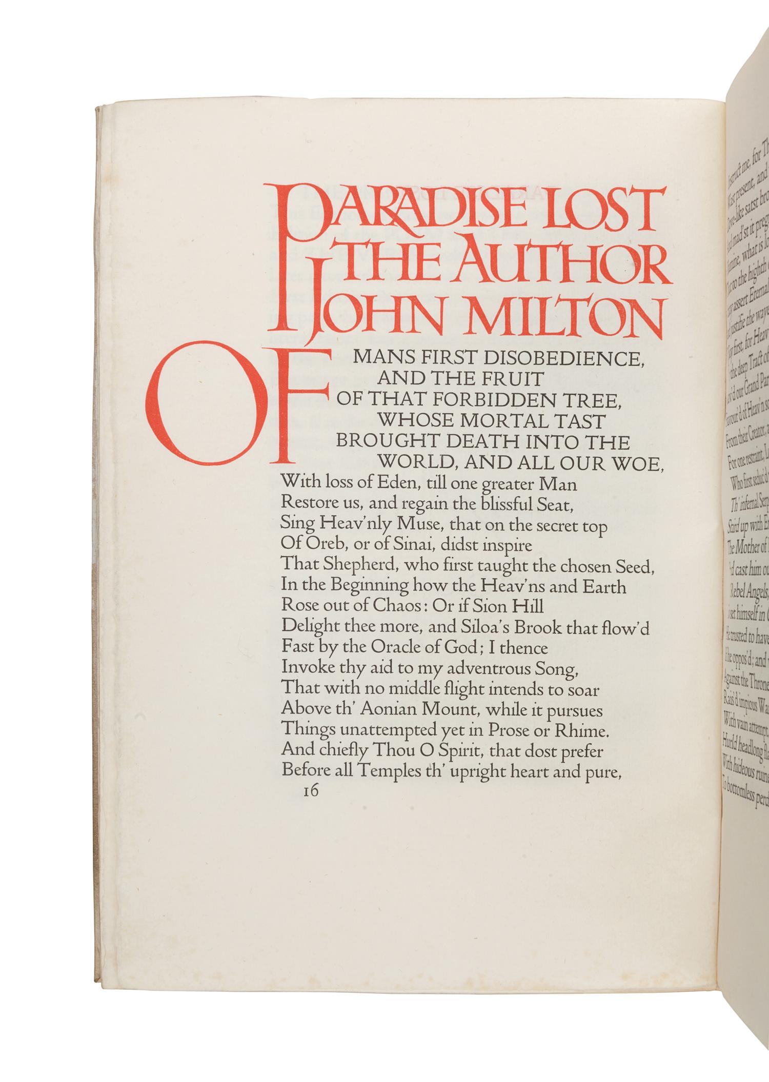 [DOVES PRESS]. MILTON, John (1608-1674). Paradise Lost [and] Paradise Regained . Hammersmith: The Doves Press, 1902, 1905.