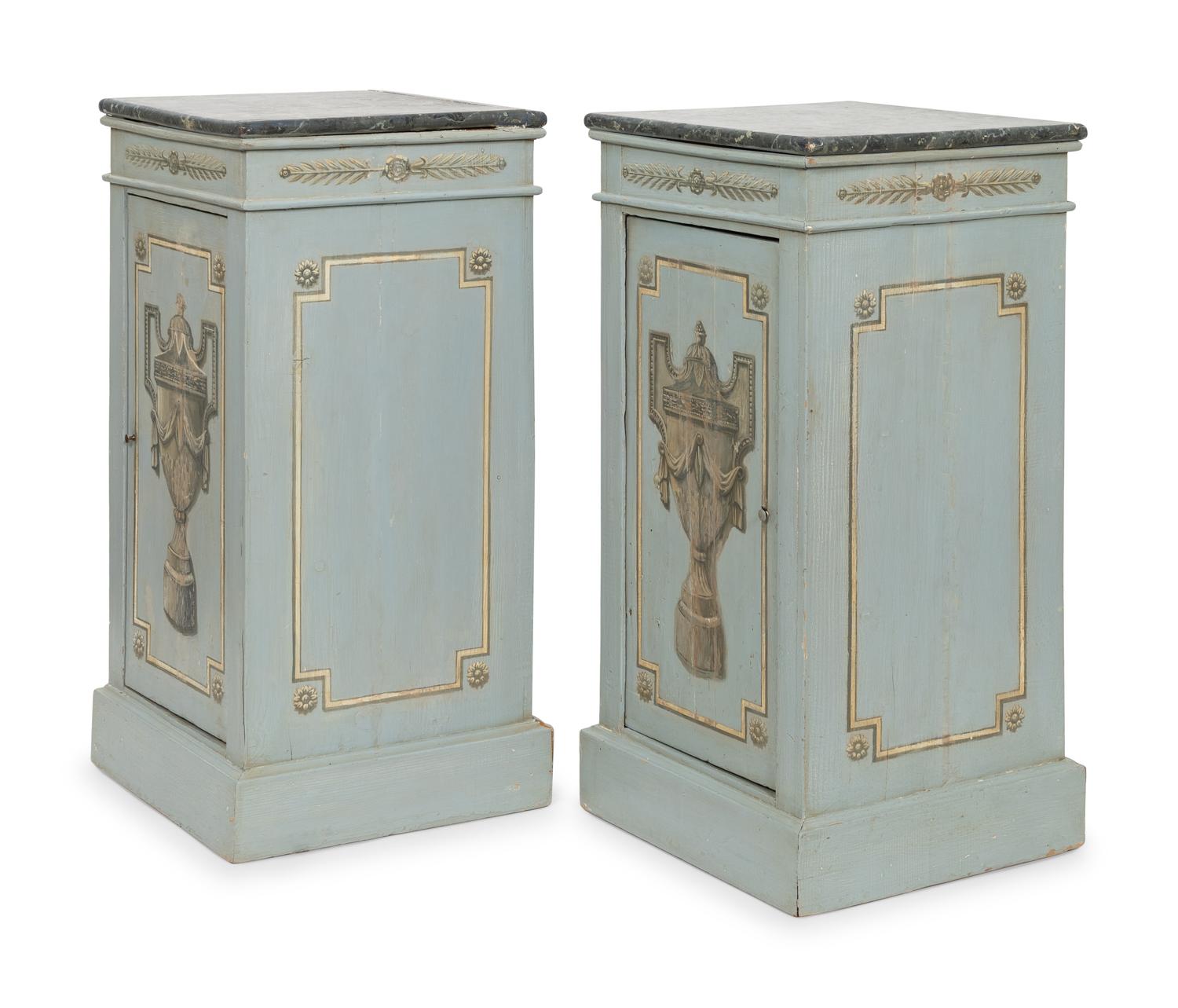 A Pair of Neoclassical Paint-Decorated Pedestal Cupboards