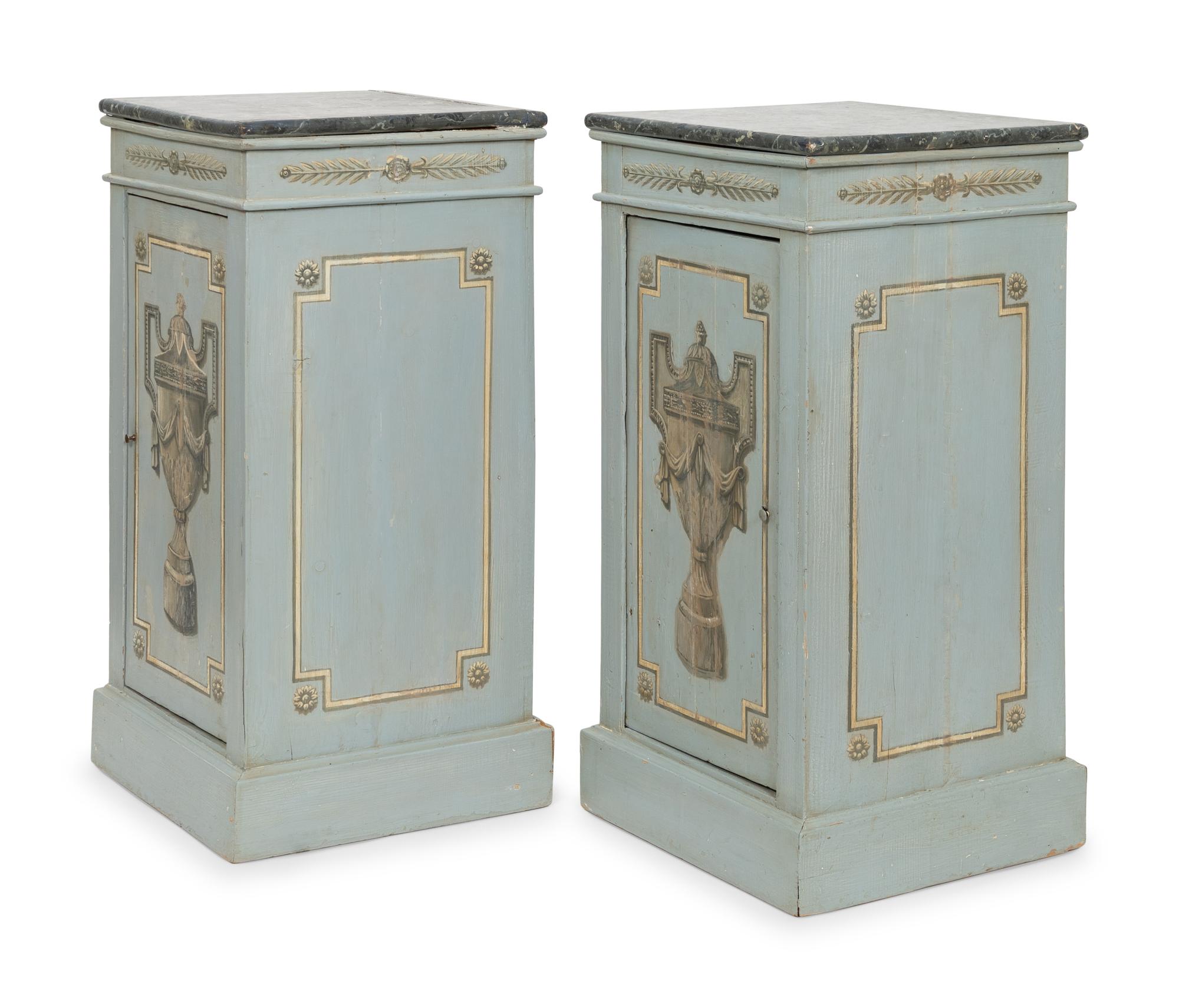 A Pair of Neoclassical Paint-Decorated Pedestal Cupboards