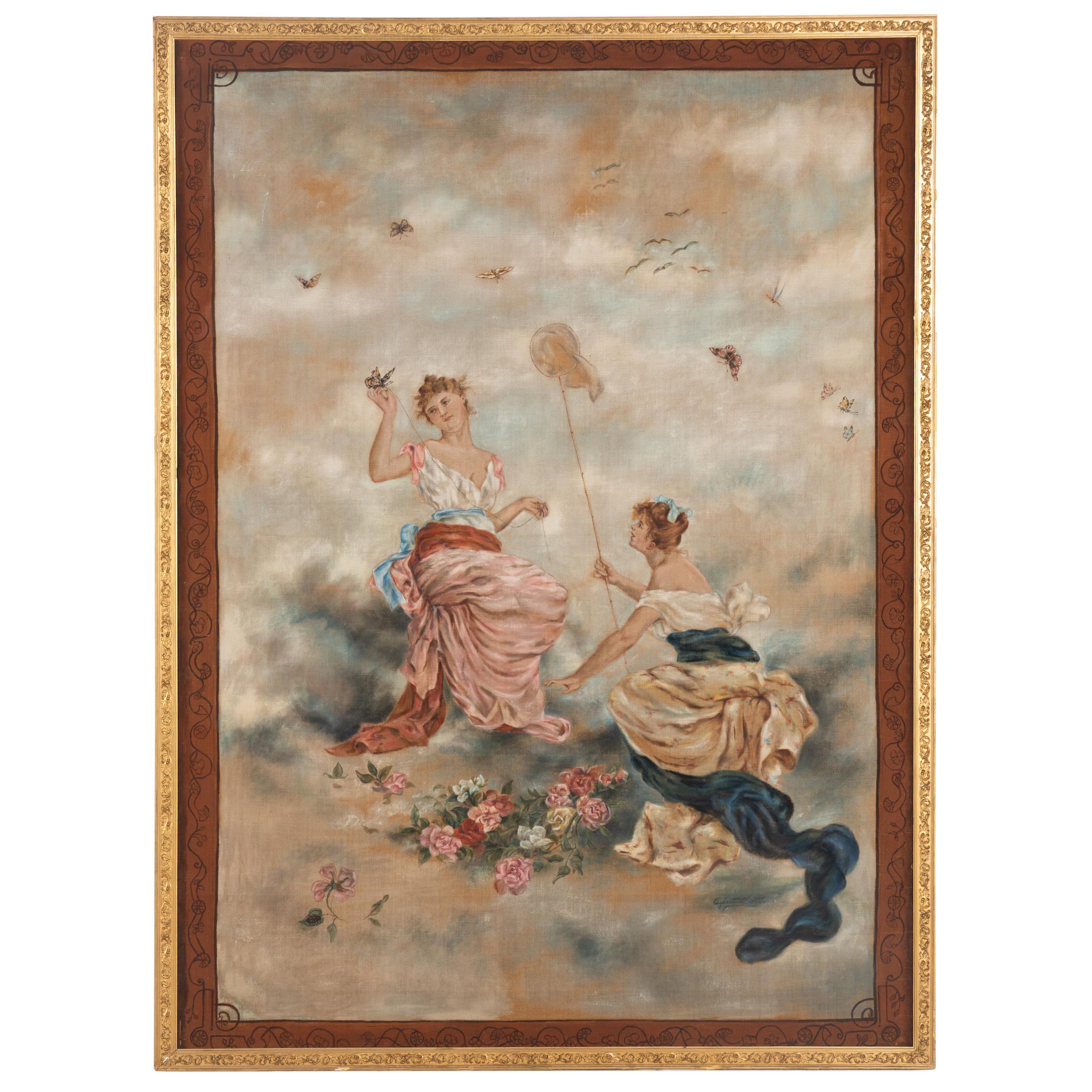 A Pair of Continental Painted Canvas Tapestry Panels