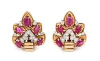 A Pair of Retro Platinum Topped Gold, Ruby and Diamond Earclips, 10.15 dwts.