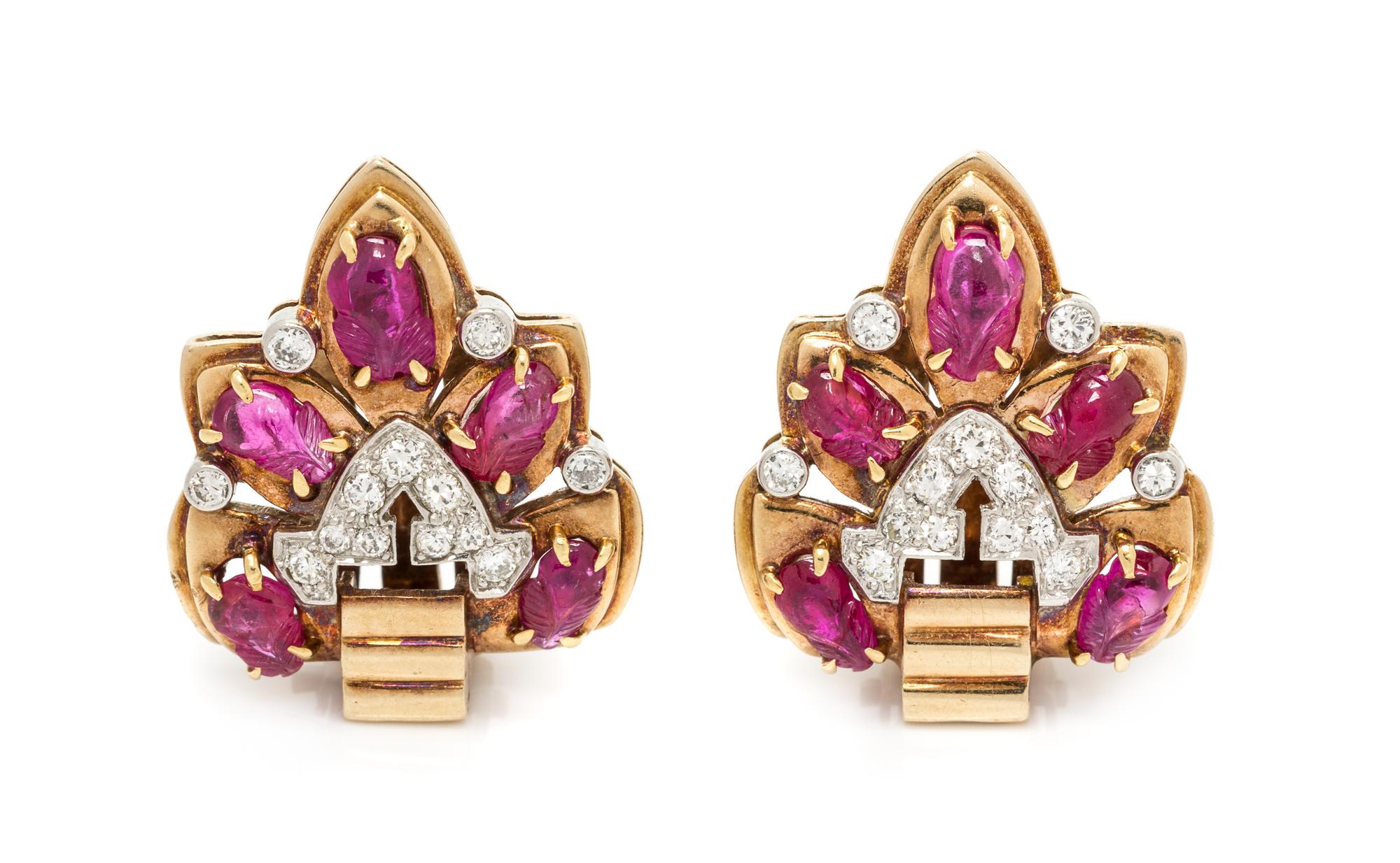 A Pair of Retro Platinum Topped Gold, Ruby and Diamond Earclips, 10.15 dwts.