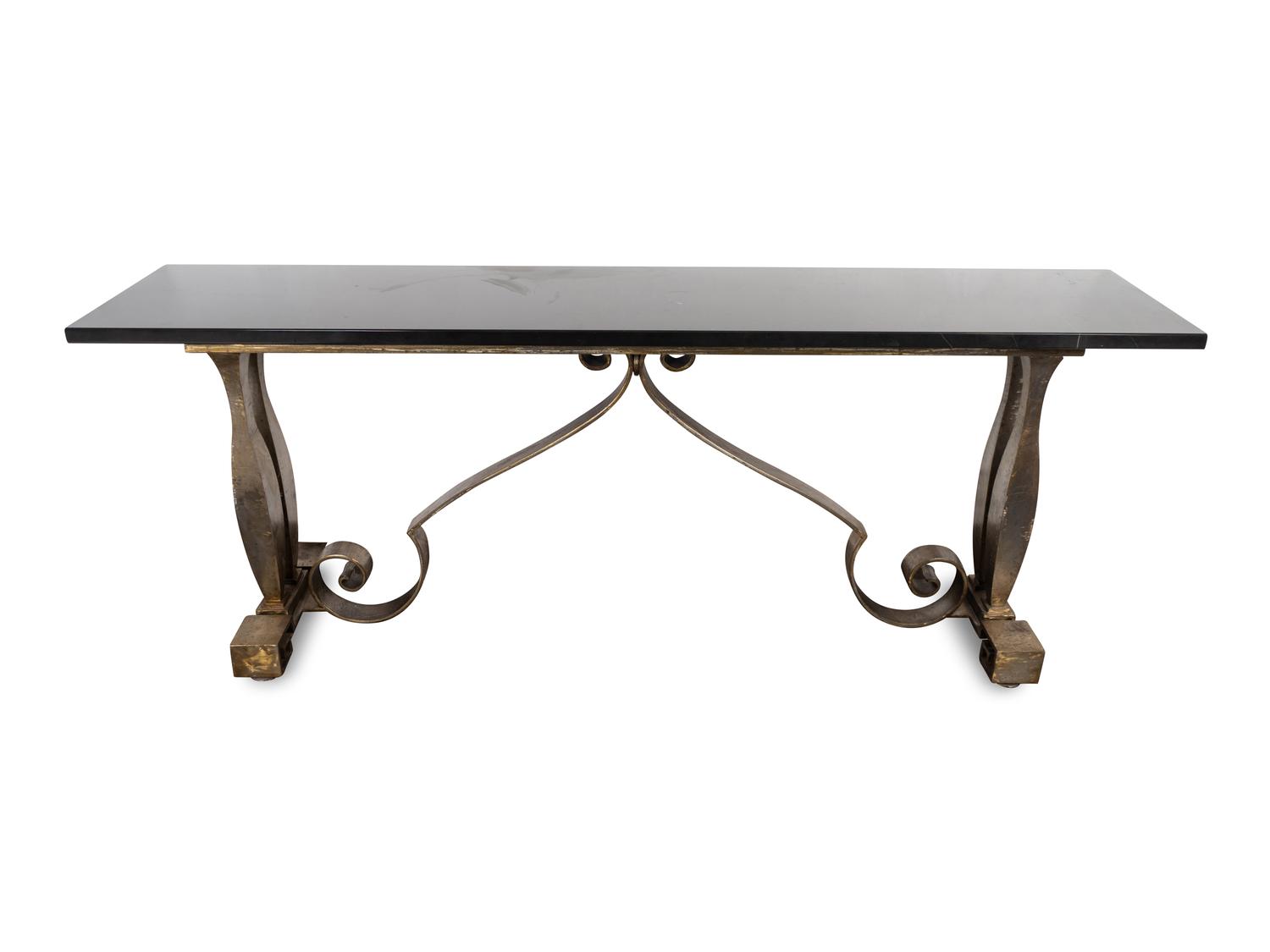 A Black Marble Top Steel Console Table — 20TH CENTURY