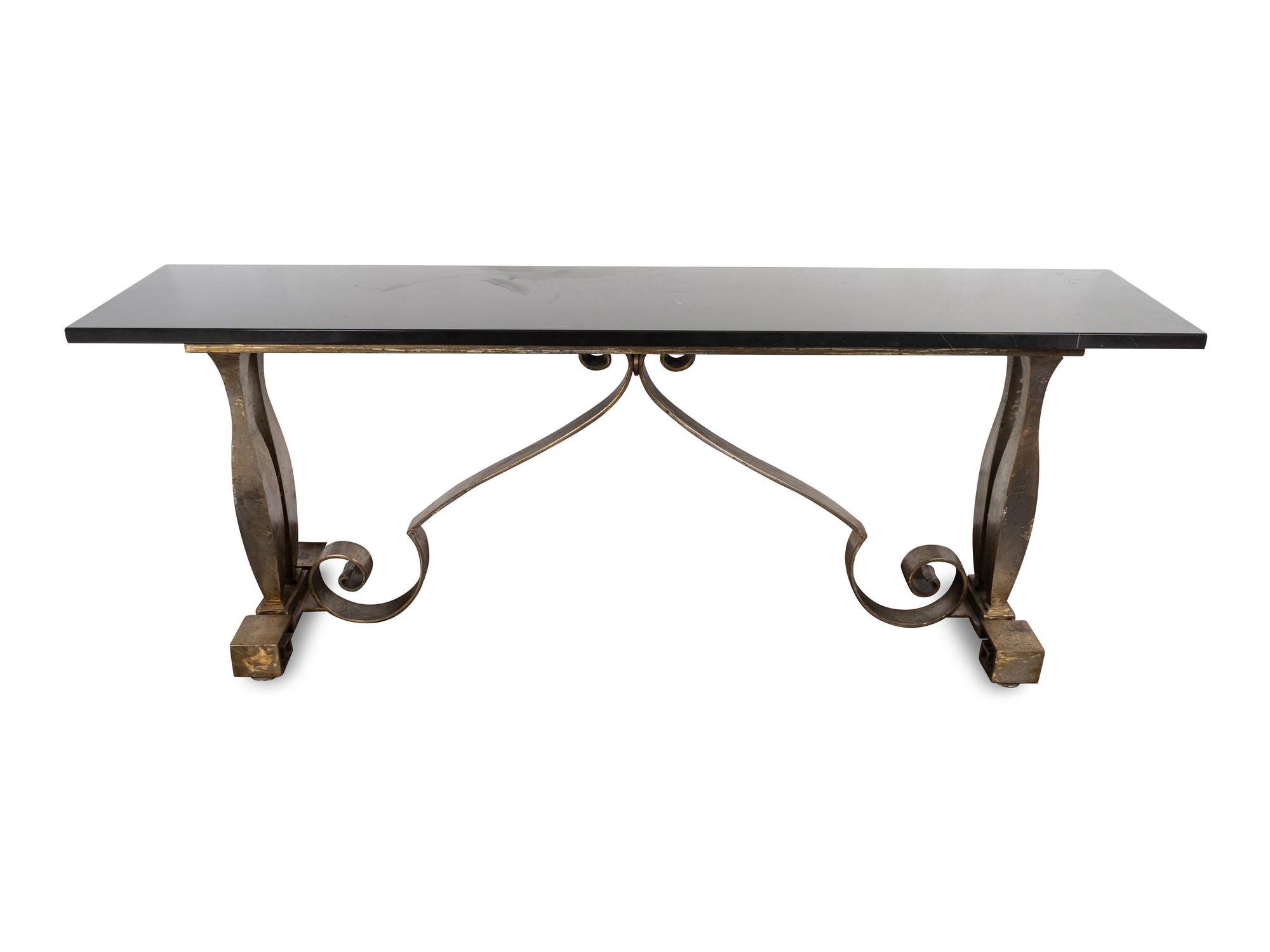 A Black Marble Top Steel Console Table — 20TH CENTURY