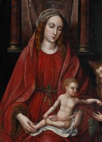 Follower of Marcellus Coffermans (Flemish, 1549-1578) — The Madonna and Child with an Angel Offering Grapes