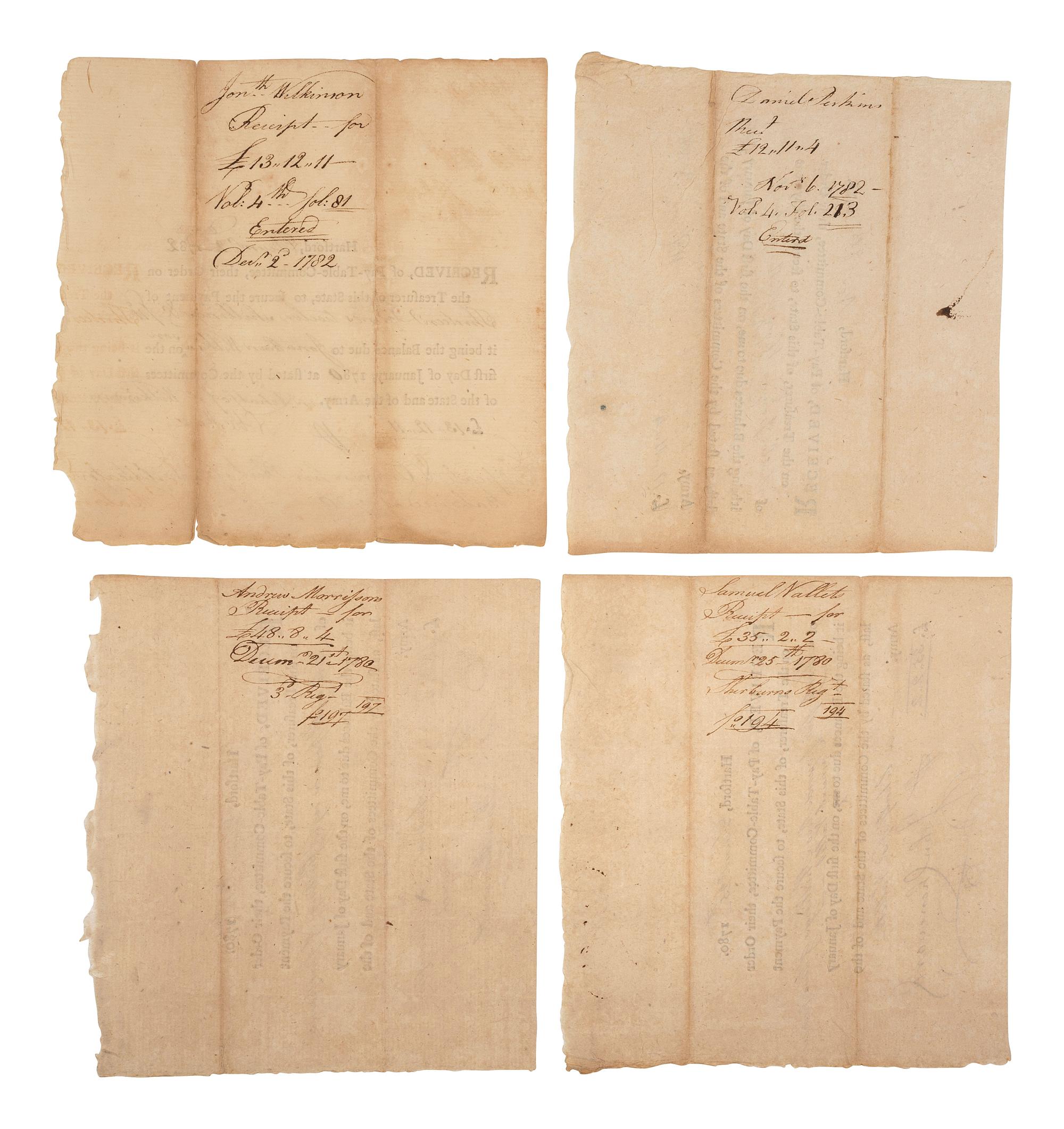[REVOLUTIONARY WAR]. 8 Connecticut notes, incl. soldiers' pay documents and other receipts, 1780-82.