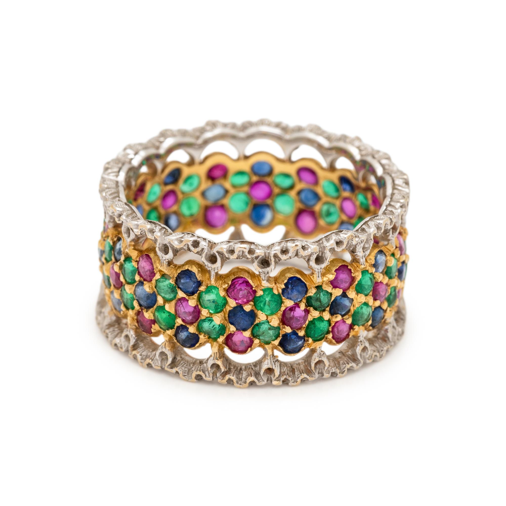 BUCCELLATI, BICOLOR GOLD, EMERALD, SAPPHIRE, AND RUBY BAND