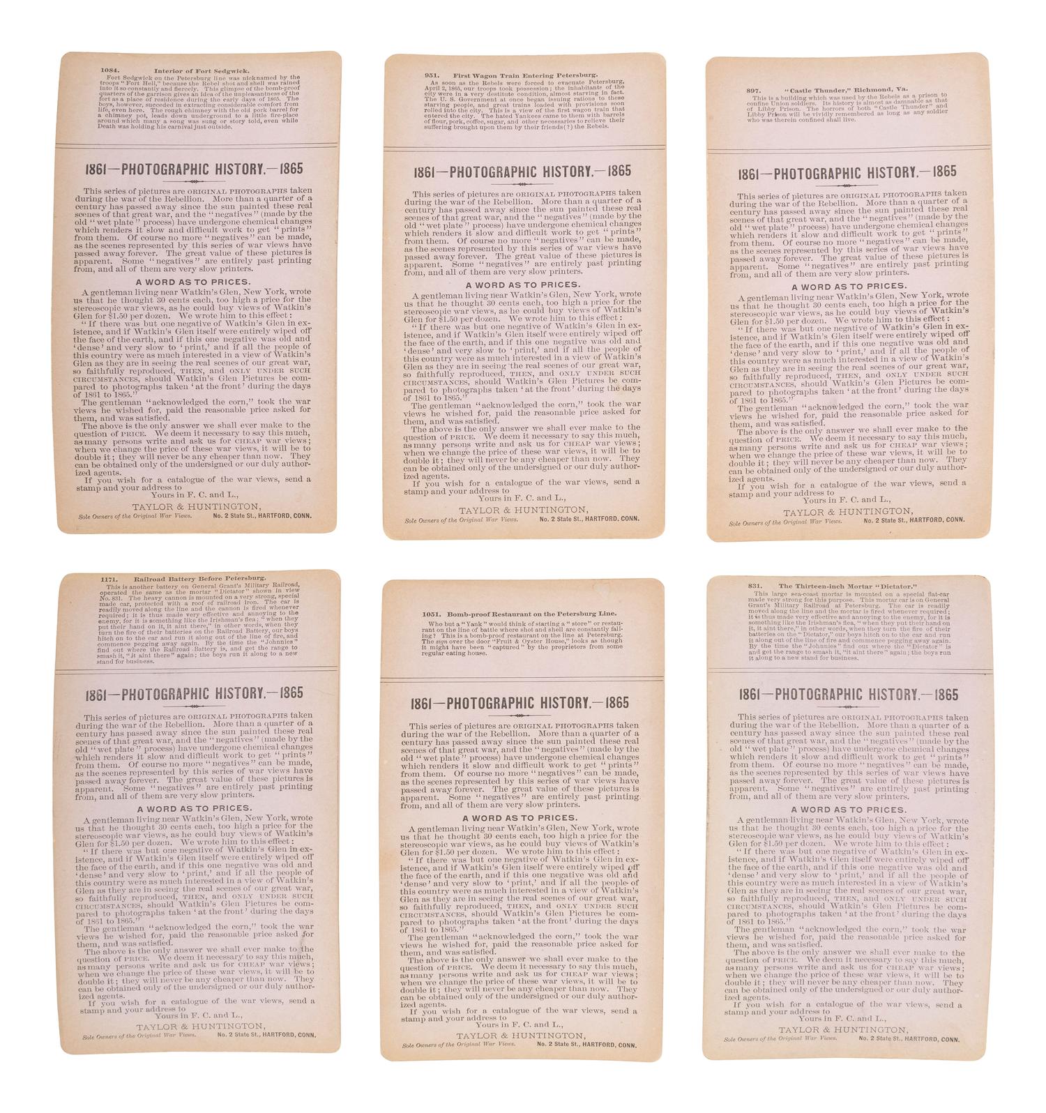 [CIVIL WAR]. A group of 24 stereoviews featuring scenes around Virginia including artillery, fortifications, Confederate prisons, and other subjects. Hartford, CT: Taylor & Huntington, ca 1890s.