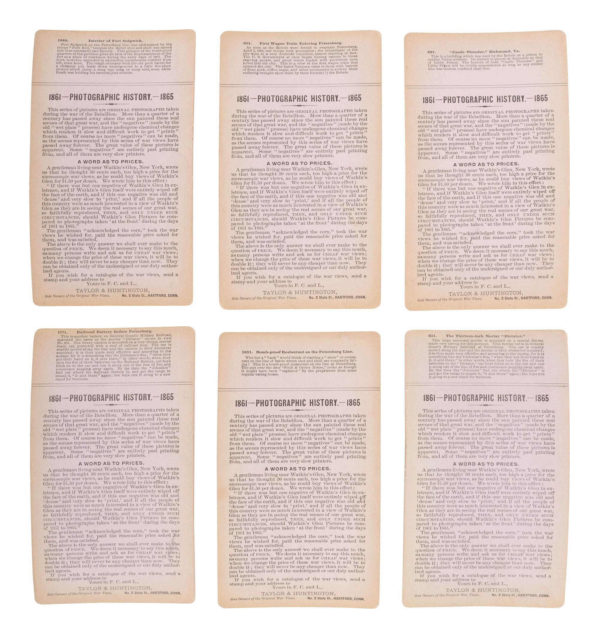 [CIVIL WAR]. A group of 24 stereoviews featuring scenes around Virginia including artillery, fortifications, Confederate prisons, and other subjects. Hartford, CT: Taylor & Huntington, ca 1890s.