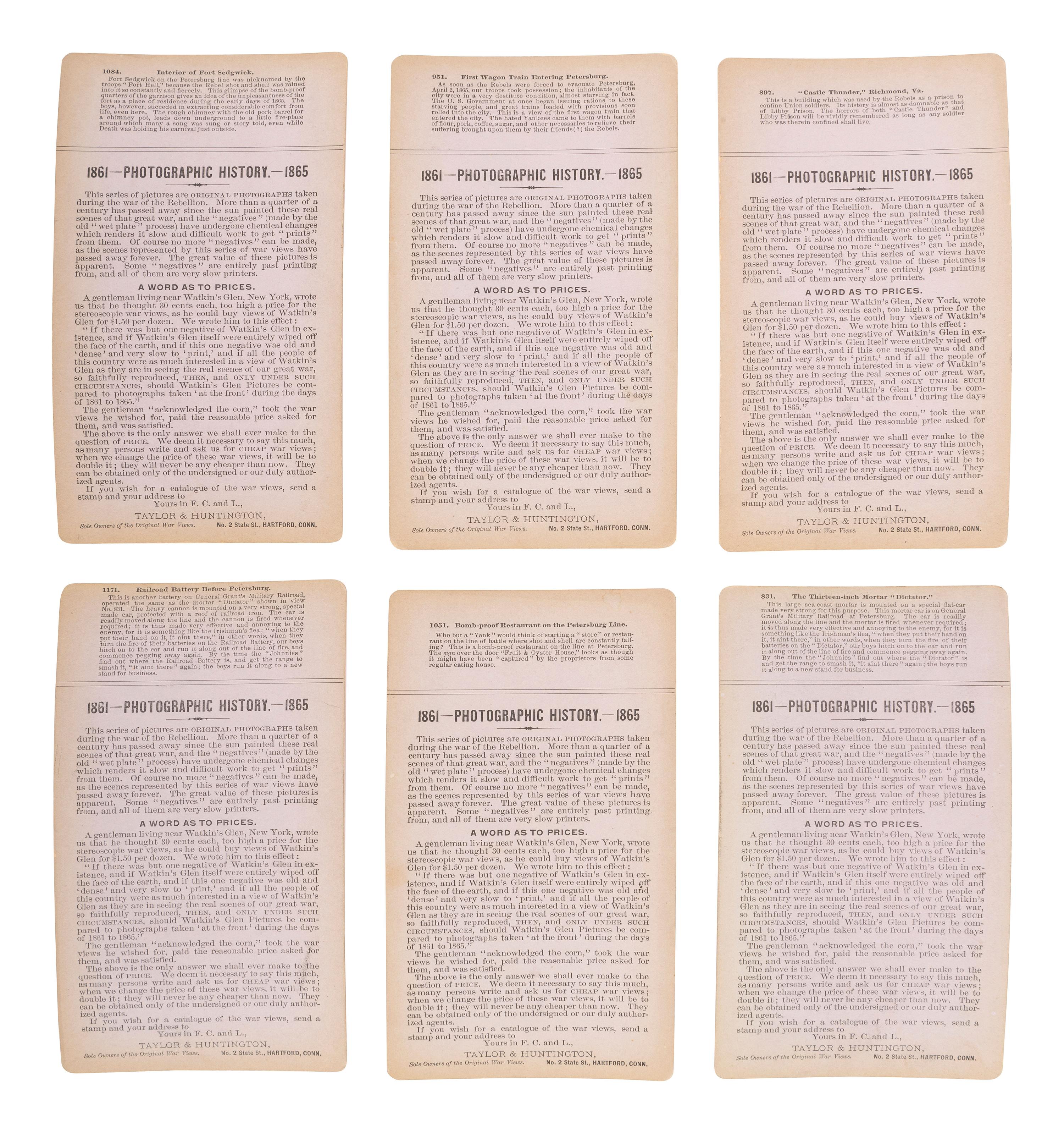 [CIVIL WAR]. A group of 24 stereoviews featuring scenes around Virginia including artillery, fortifications, Confederate prisons, and other subjects. Hartford, CT: Taylor & Huntington, ca 1890s.