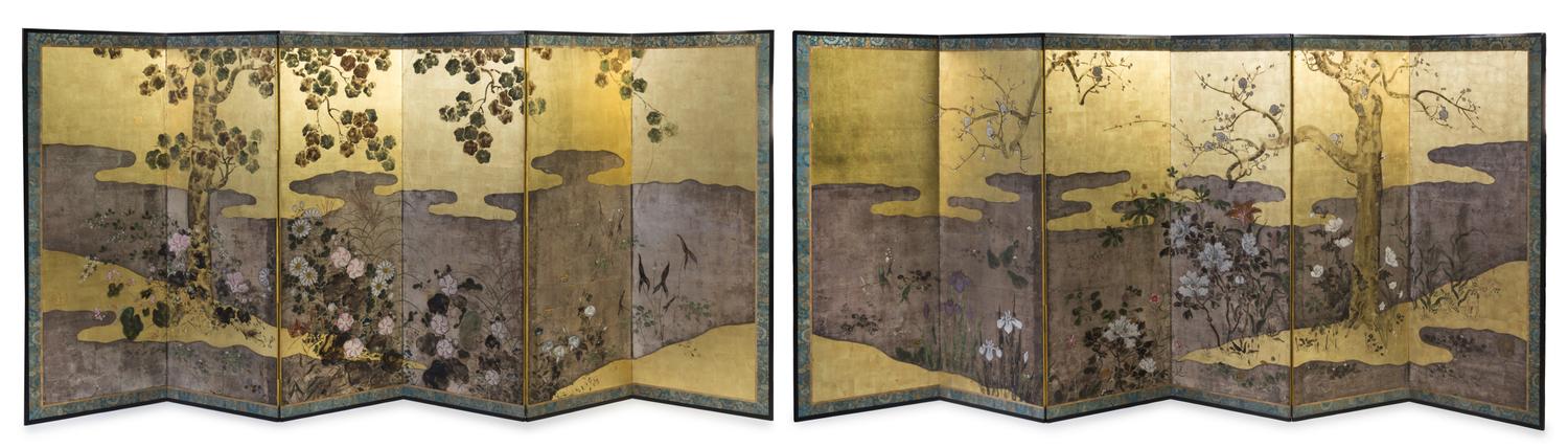 Two Japanese Six-Panel Floor Screens Height of each panel 68 x width 25 1/4 inches.