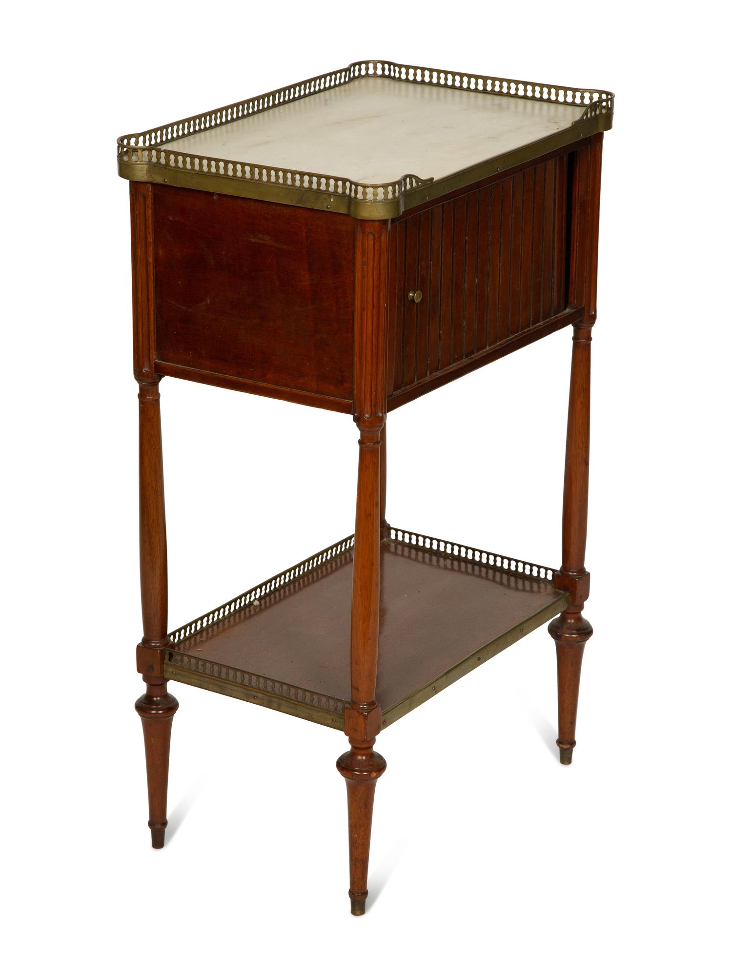 A Louis Philippe Mahogany Marble Top Side Table with Tambour Door