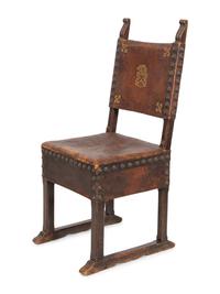 A Baroque Style Oak and Gilt-Tooled Leather Side Chair