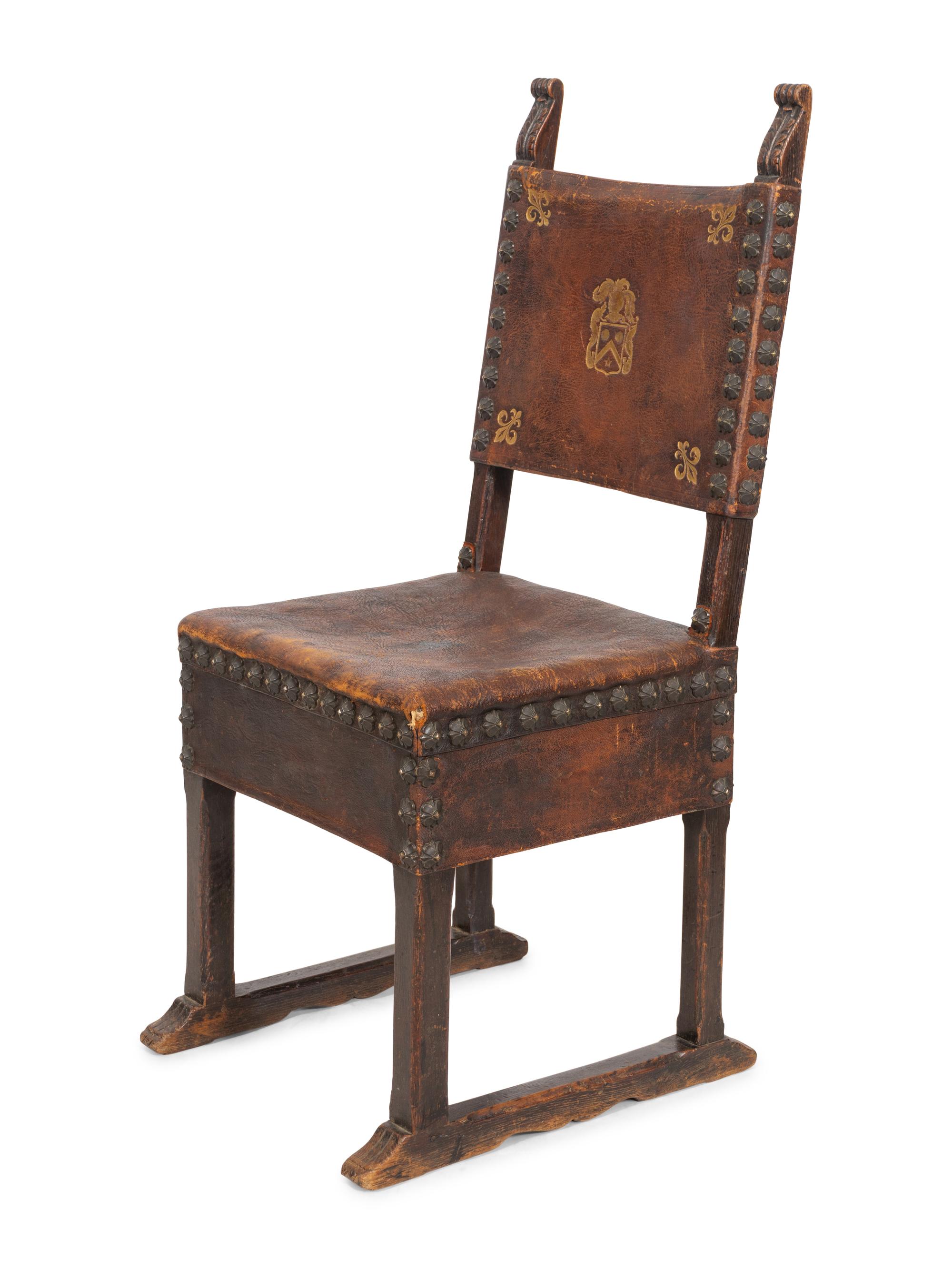 A Baroque Style Oak and Gilt-Tooled Leather Side Chair