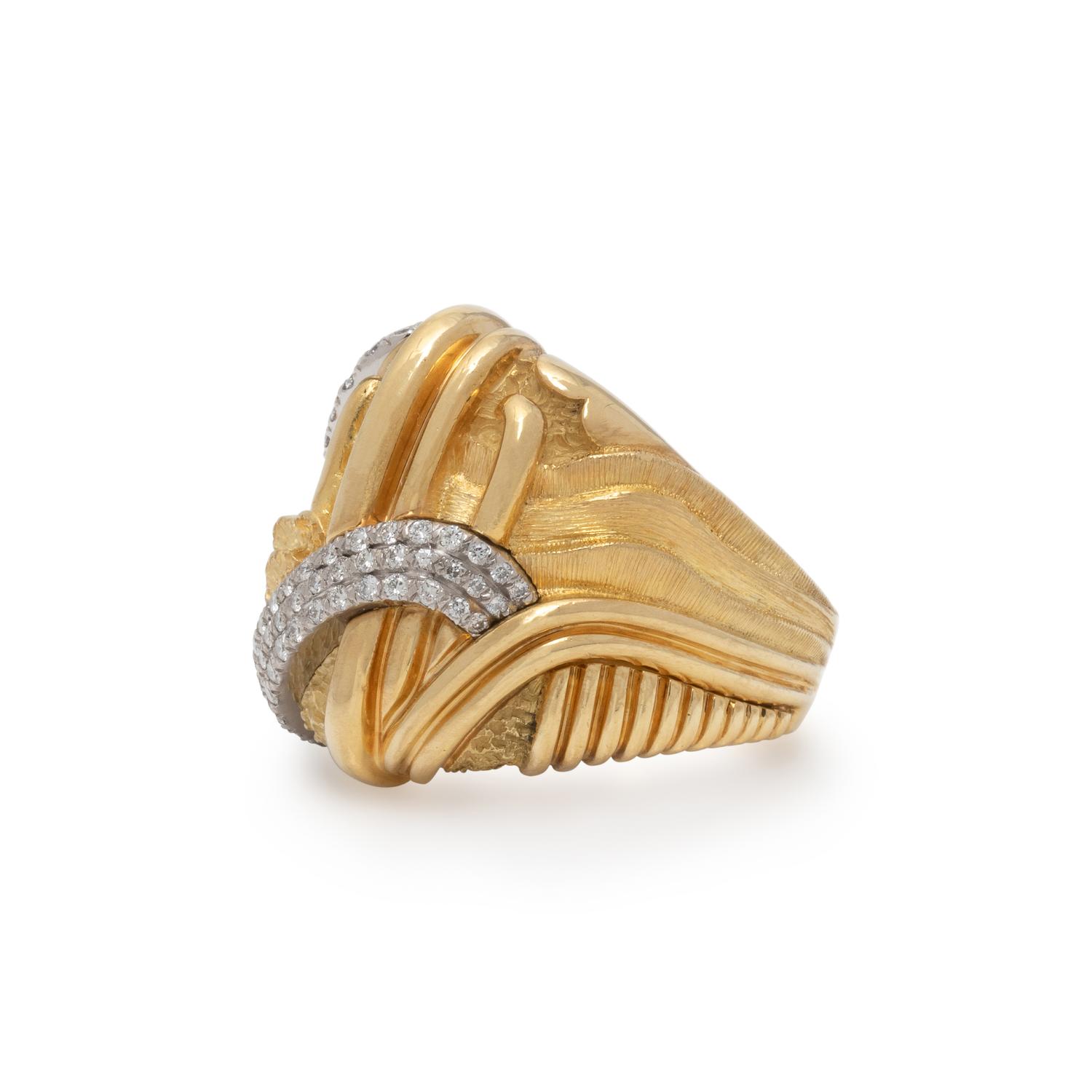 HENRY DUNAY, YELLOW GOLD, PLATINUM, AND DIAMOND RING