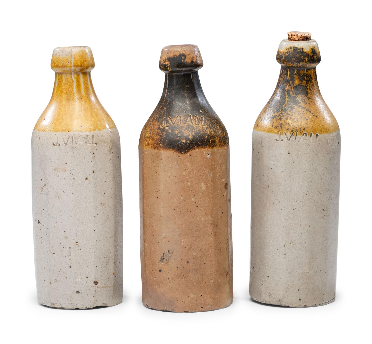 Three J. Viall Stoneware Beer Bottles