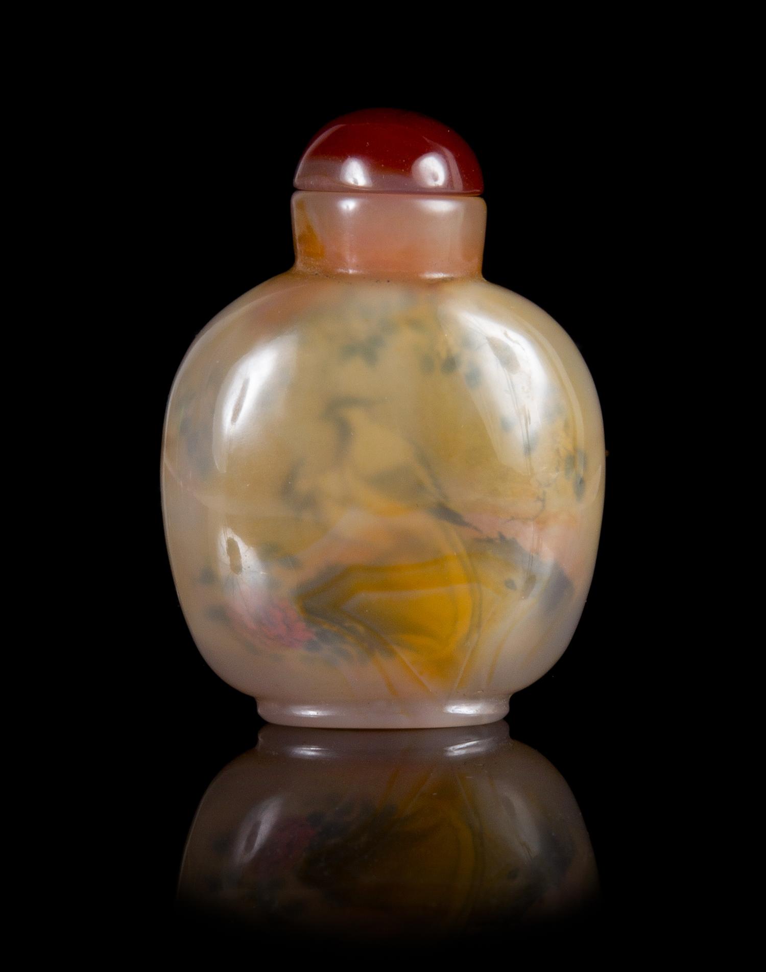 An Inside Painted Agate Snuff Bottle Height 2 5/8 inches.