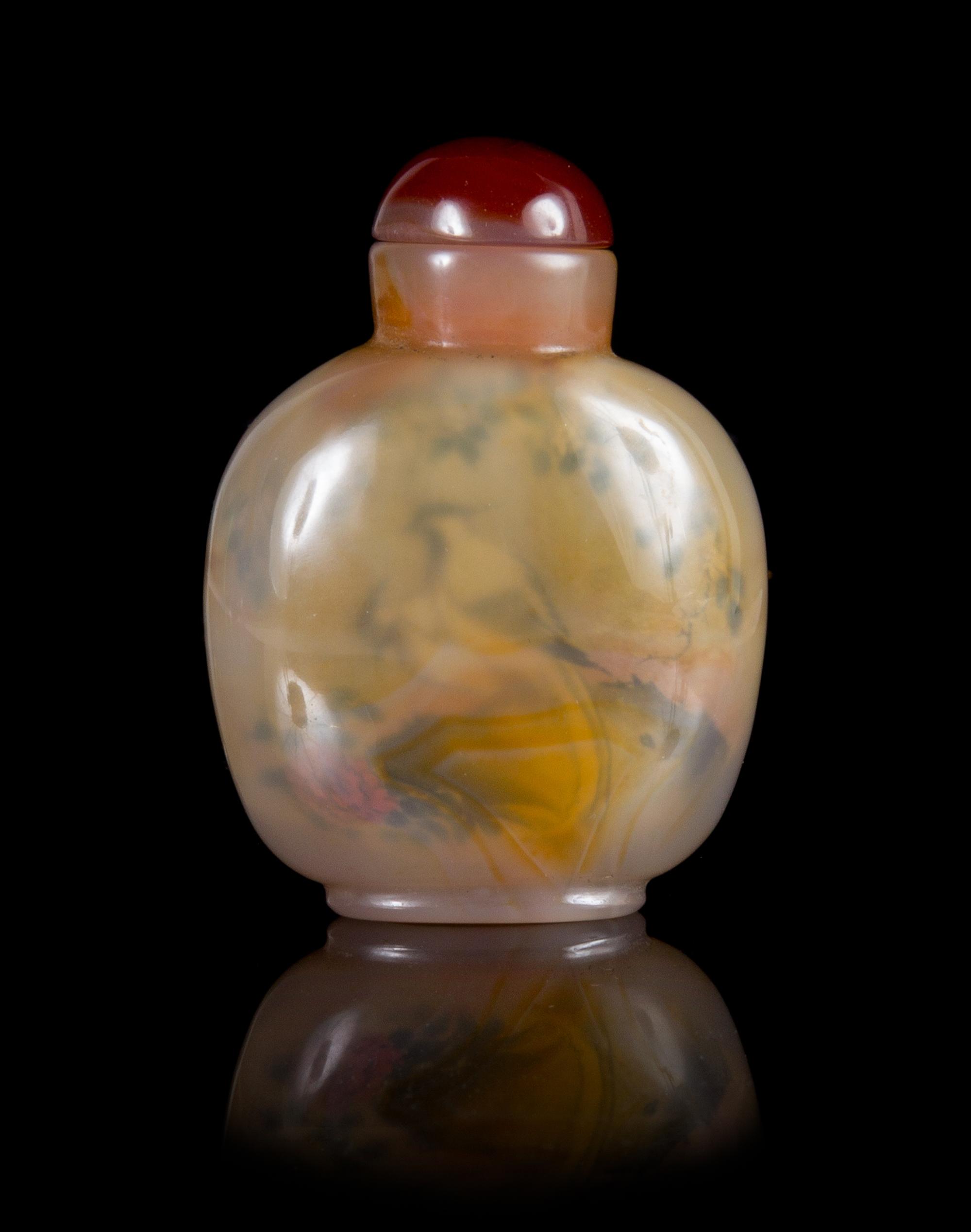 An Inside Painted Agate Snuff Bottle Height 2 5/8 inches.