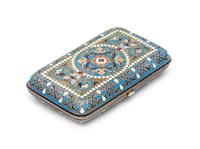 A Russian Enameled Silver Cigarette Case, Mark of Pavel Ovchinnikov with an Imperial Warrant, Assay of Vasily Petrov, Moscow, 1884, of
