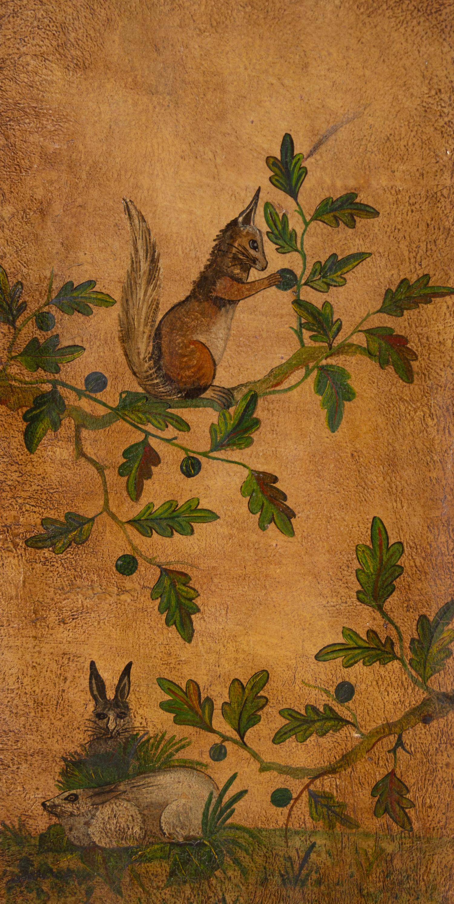 A Continental Painted Leather Six-Panel Screen Depicting Flora and Fauna